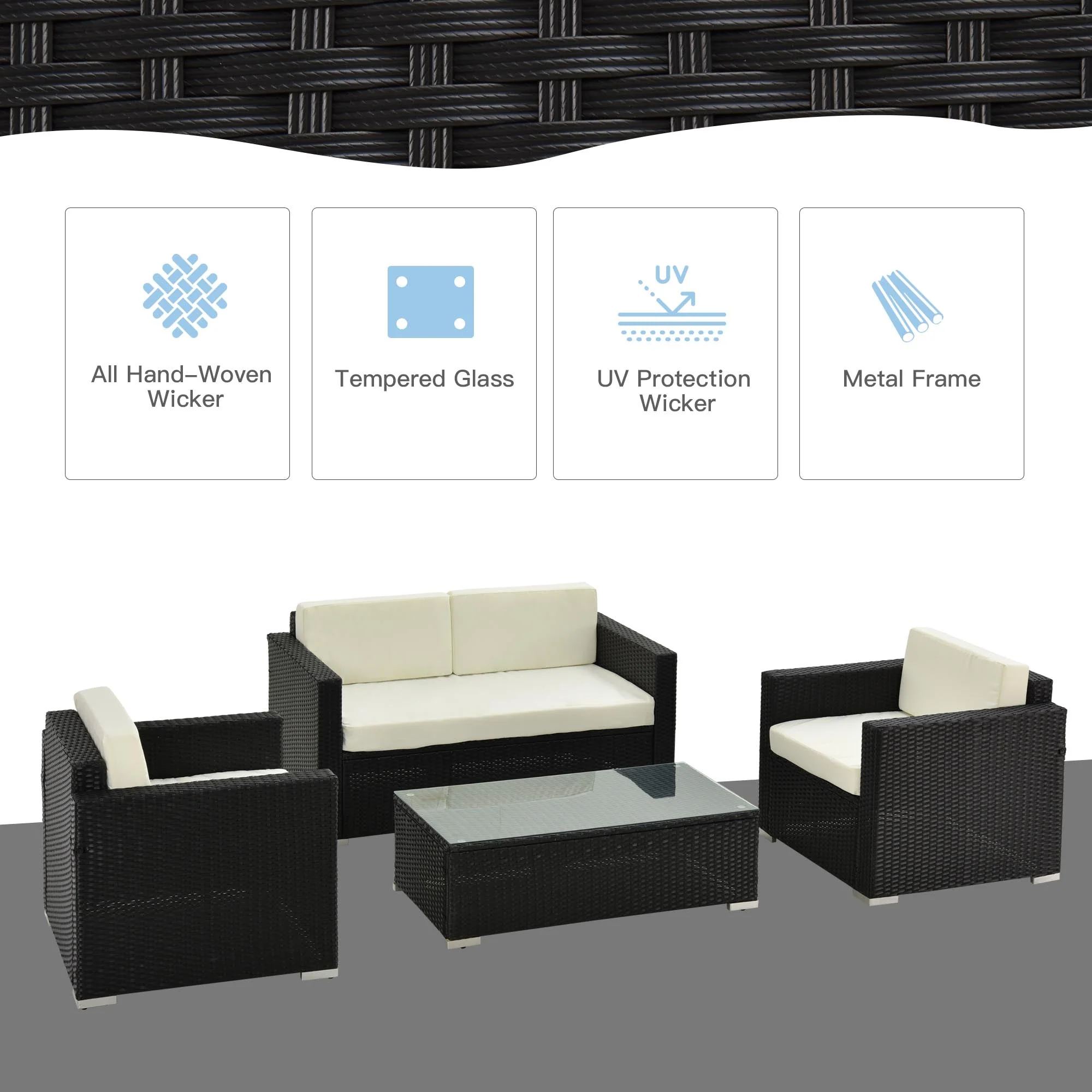 4 Seater Rattan Sofa Set Garden Rattan Furniture Wicker Steel Chair Seat Furniture Patio Rattan Garden Sofa Black - Image 4