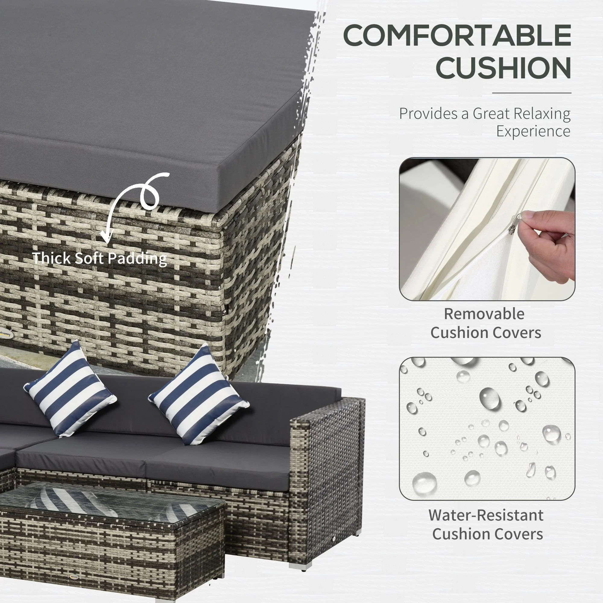 4 Seater Rattan Sofa Set Wicker Sectional Furniture Cushion Grey Garden - Image 5