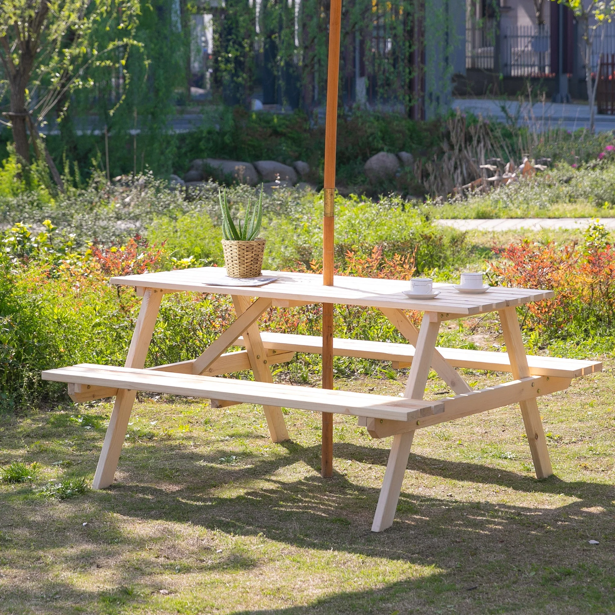 4 Seater Wooden Picnic Table Bench for Outdoor Garden or Patio with Parasol Cutout 150 cm - Image 2