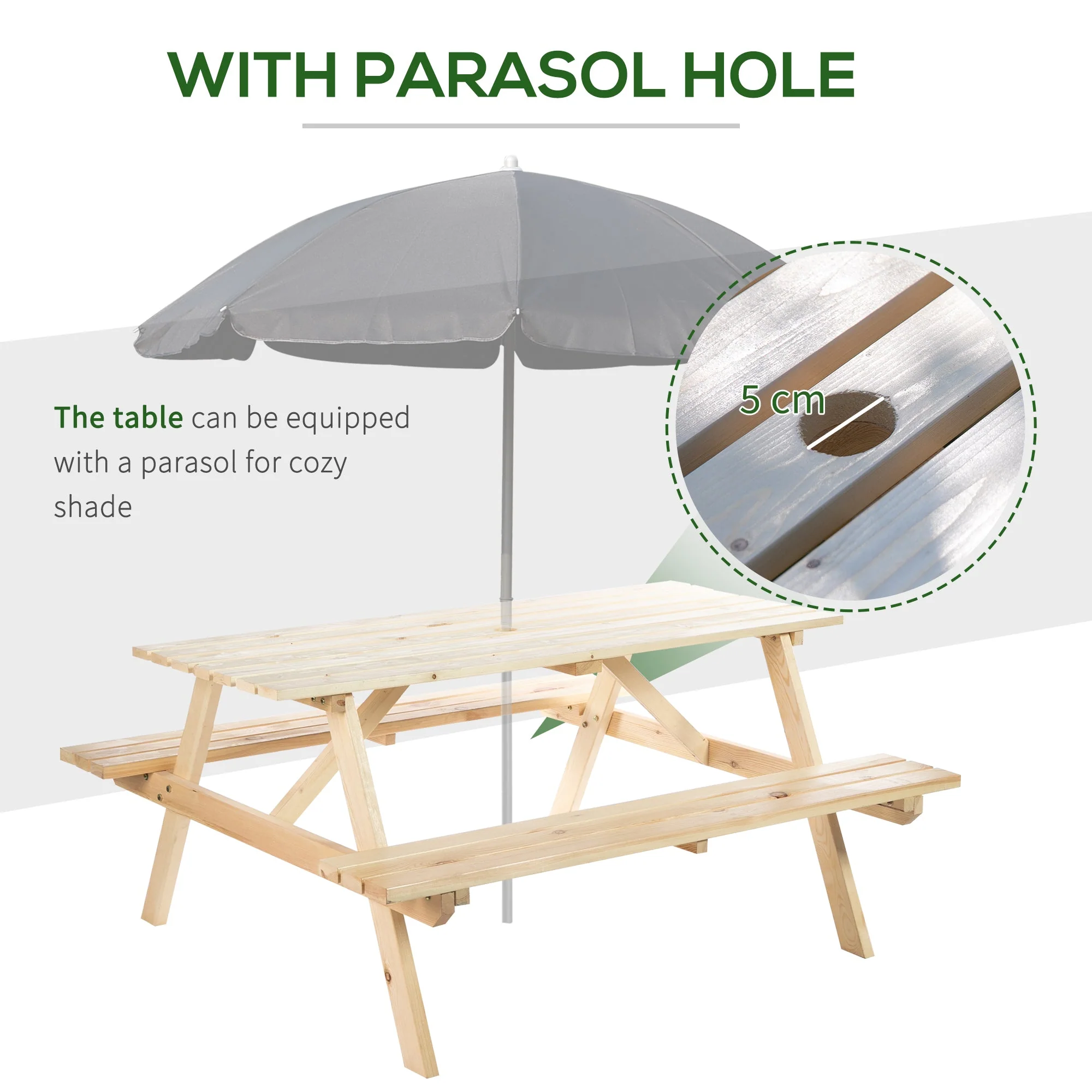 4 Seater Wooden Picnic Table Bench for Outdoor Garden or Patio with Parasol Cutout 150 cm - Image 4