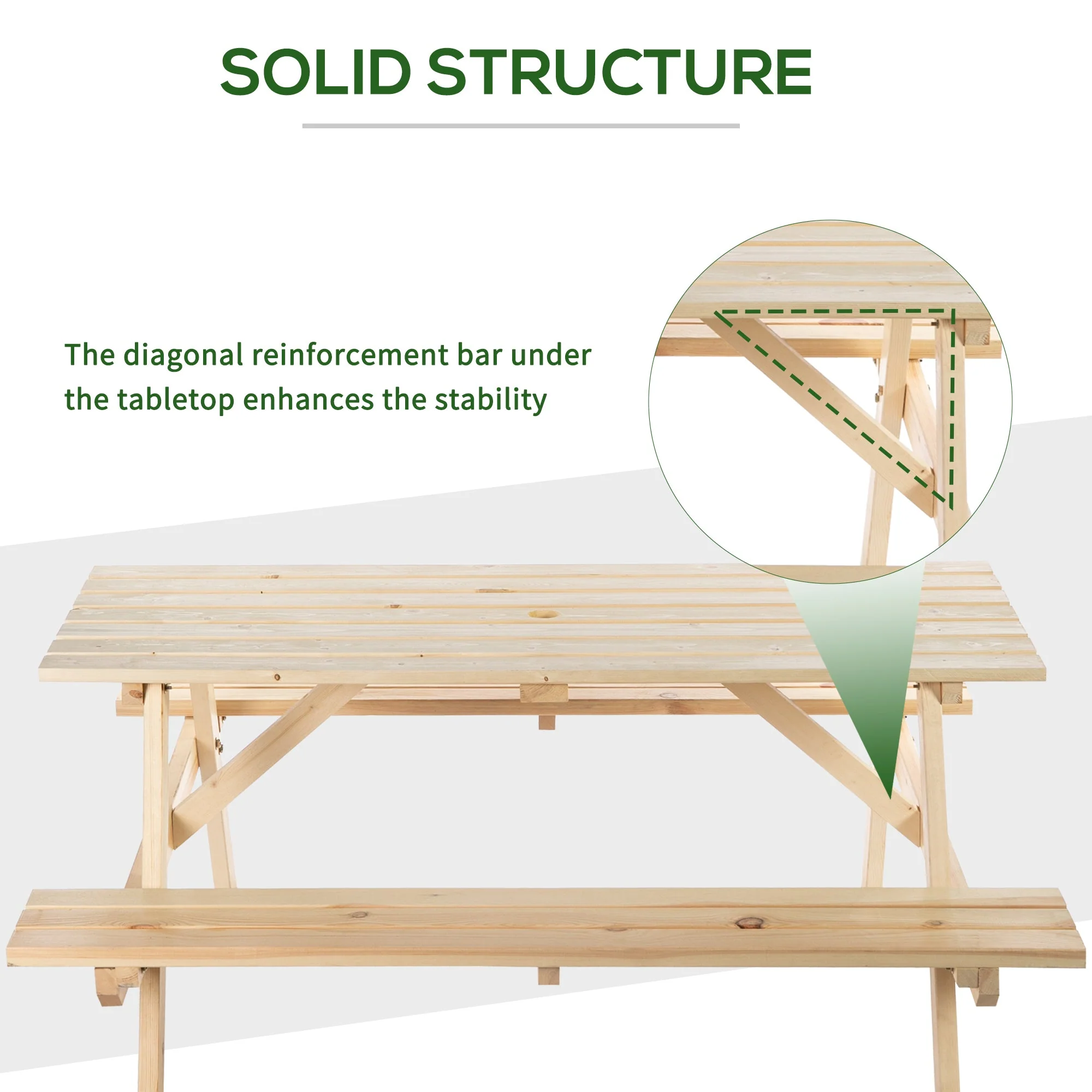 4 Seater Wooden Picnic Table Bench for Outdoor Garden or Patio with Parasol Cutout 150 cm - Image 6