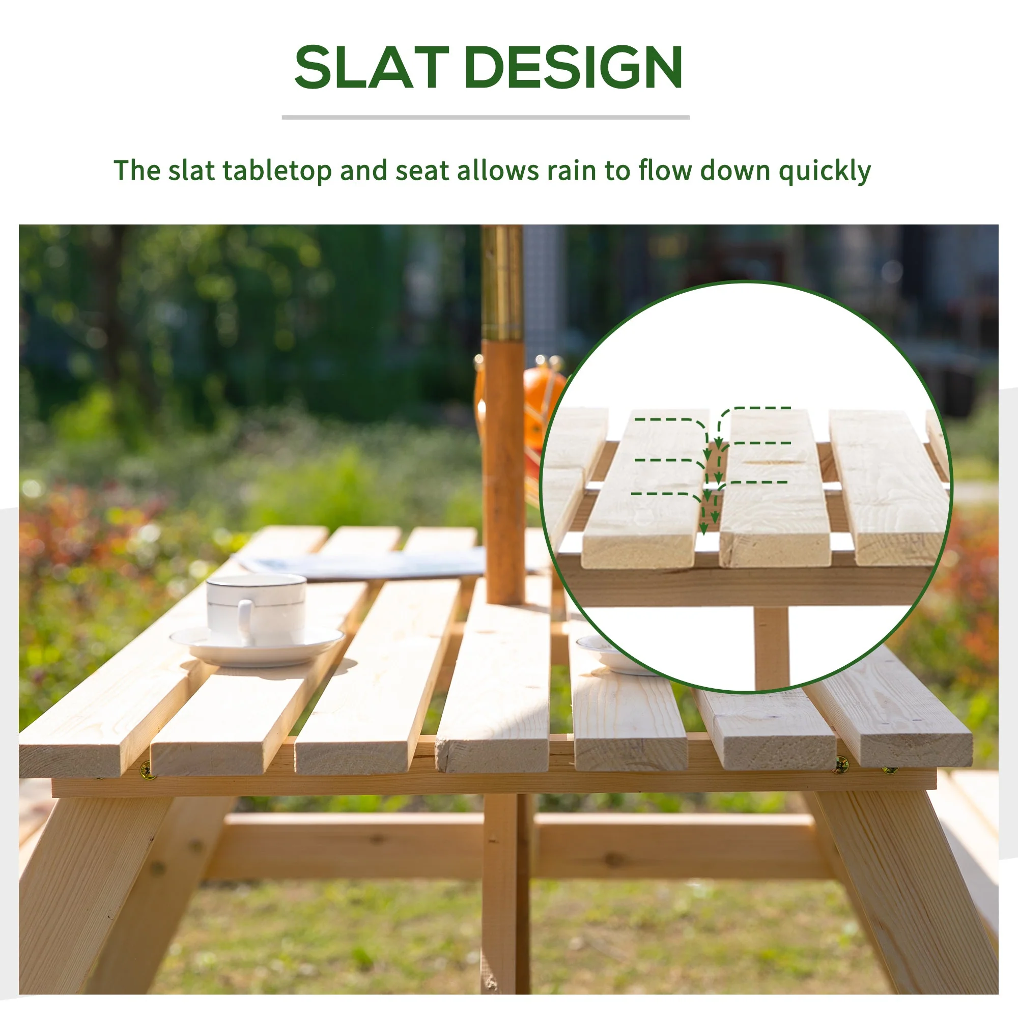 4 Seater Wooden Picnic Table Bench for Outdoor Garden or Patio with Parasol Cutout 150 cm - Image 7