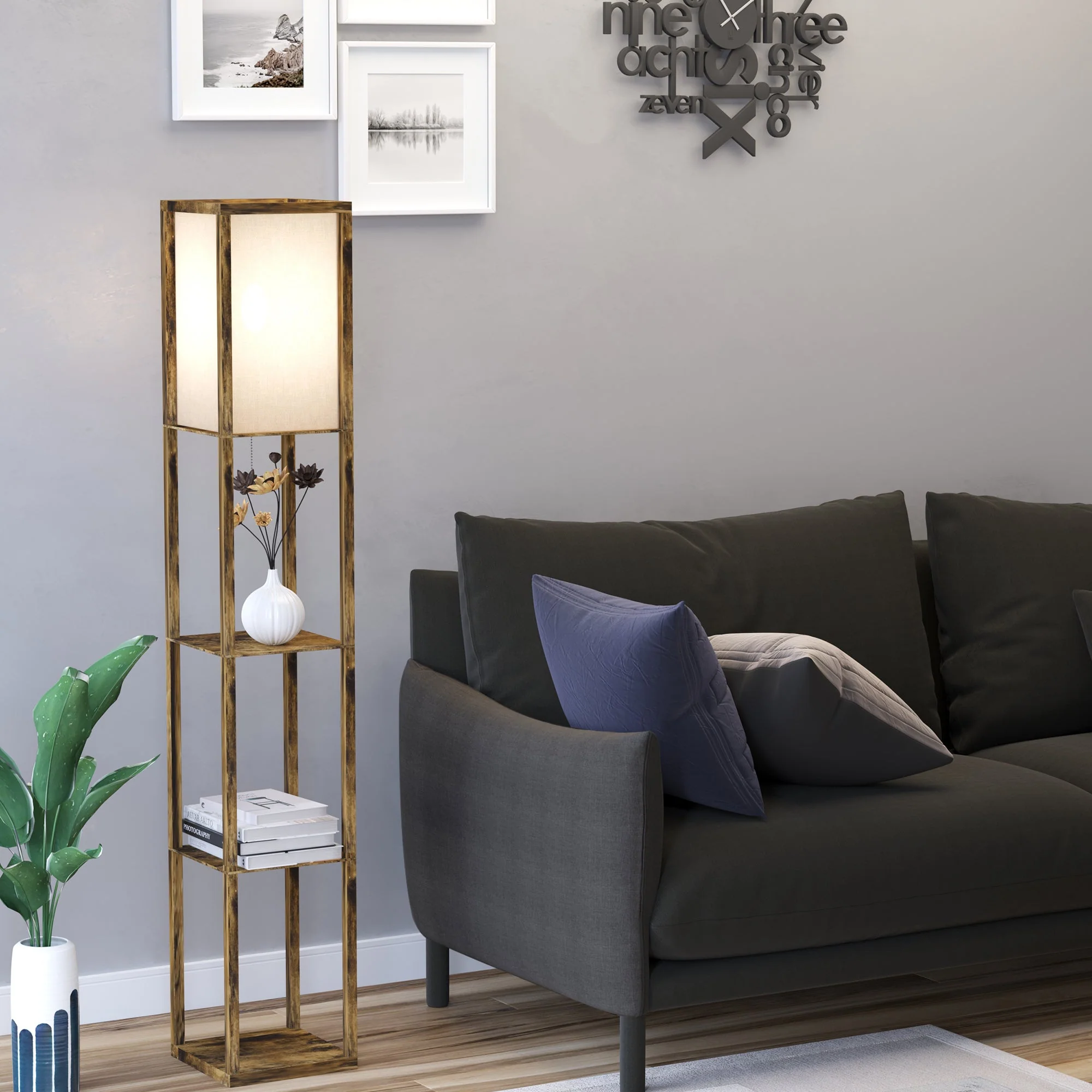 4-Tier Floor Lamp Standing Lamp with Storage Shelf for Home Office Dorm Brown - Image 2