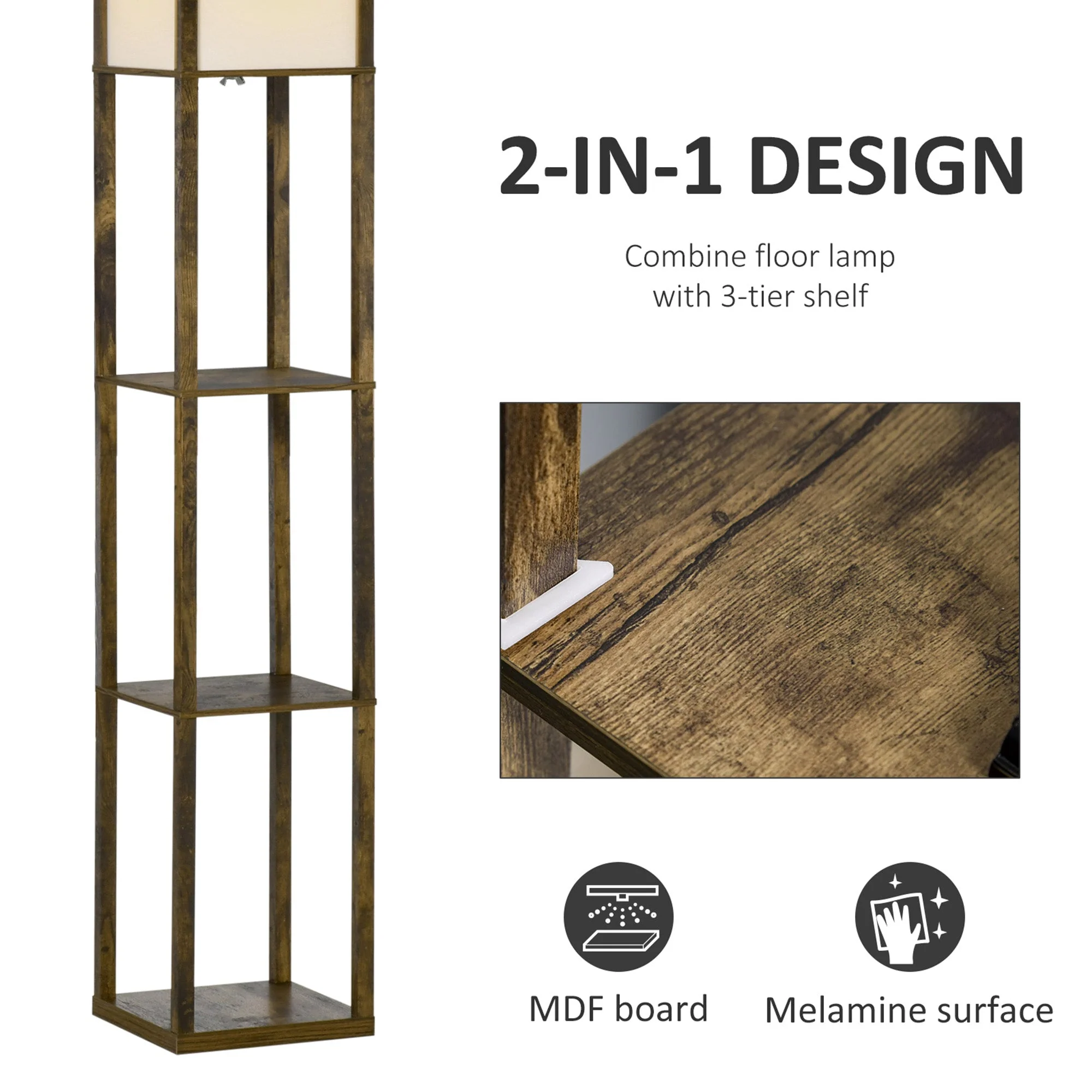 4-Tier Floor Lamp Standing Lamp with Storage Shelf for Home Office Dorm Brown - Image 4