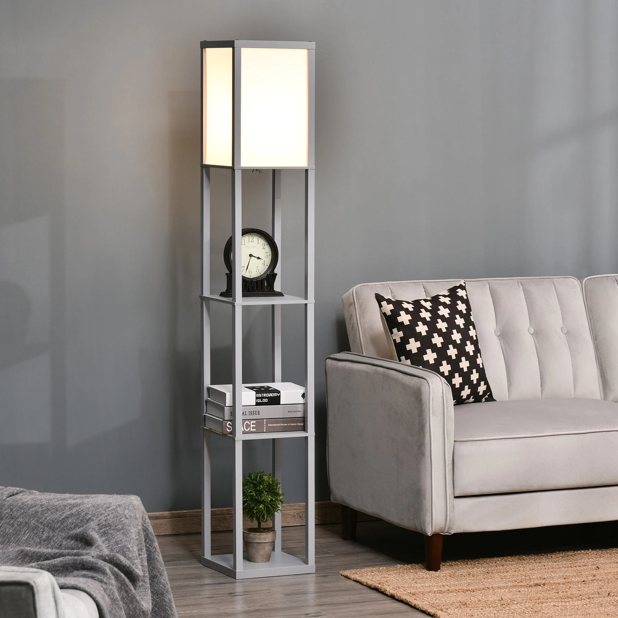 4-Tier Floor Lamp Standing Lamp with Storage Shelf for Home Office Dorm Grey - Image 2