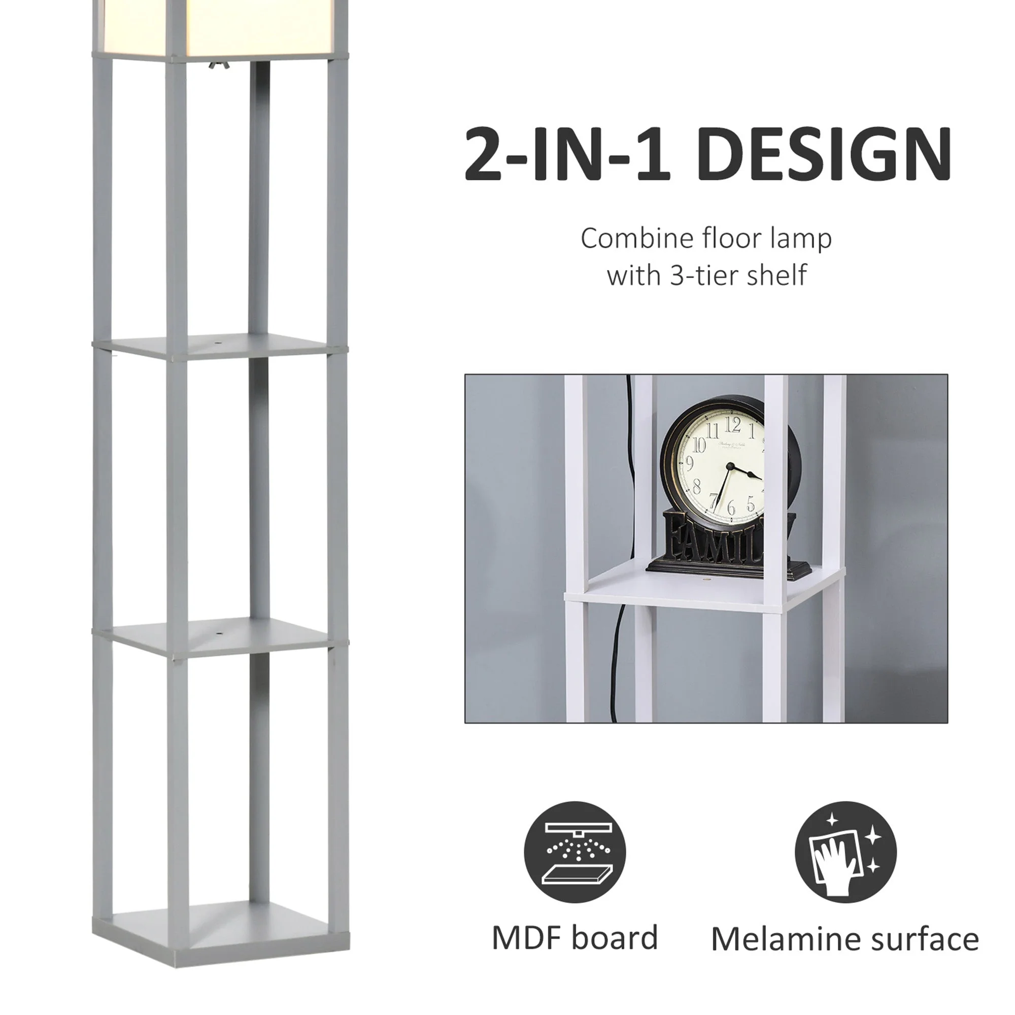 4-Tier Floor Lamp Standing Lamp with Storage Shelf for Home Office Dorm Grey - Image 4