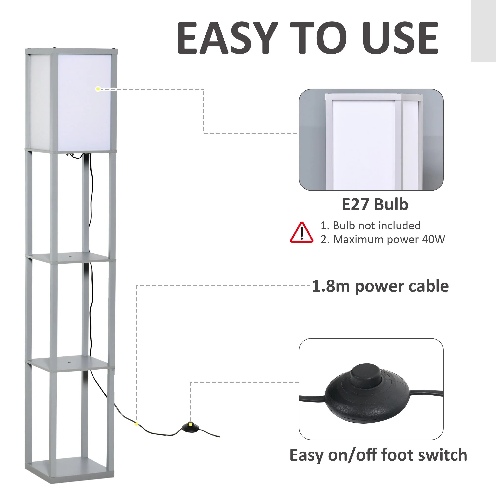 4-Tier Floor Lamp Standing Lamp with Storage Shelf for Home Office Dorm Grey - Image 5