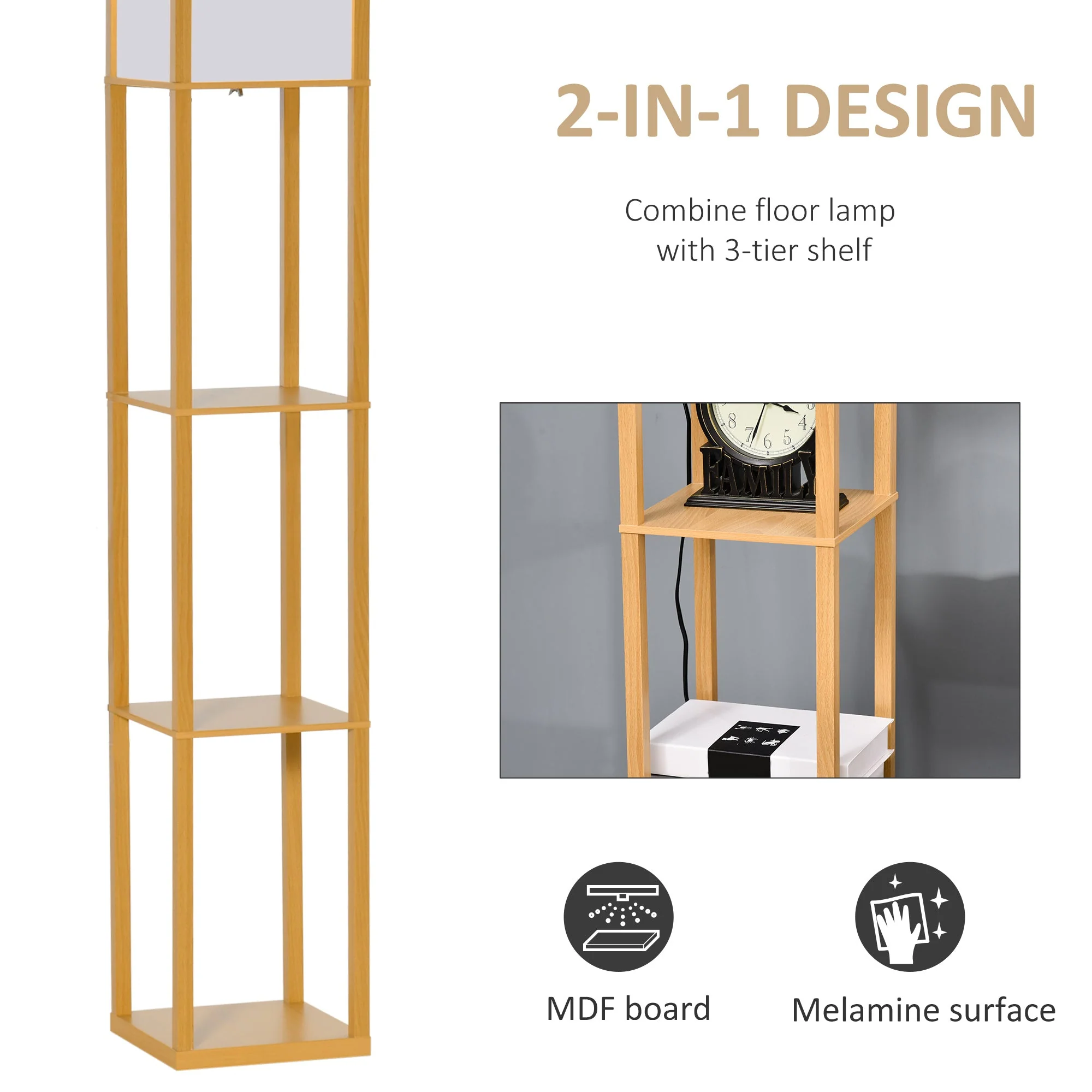 4-Tier Floor Lamp Standing Lamp with Storage Shelf for Home Office Dorm Natural - Image 4
