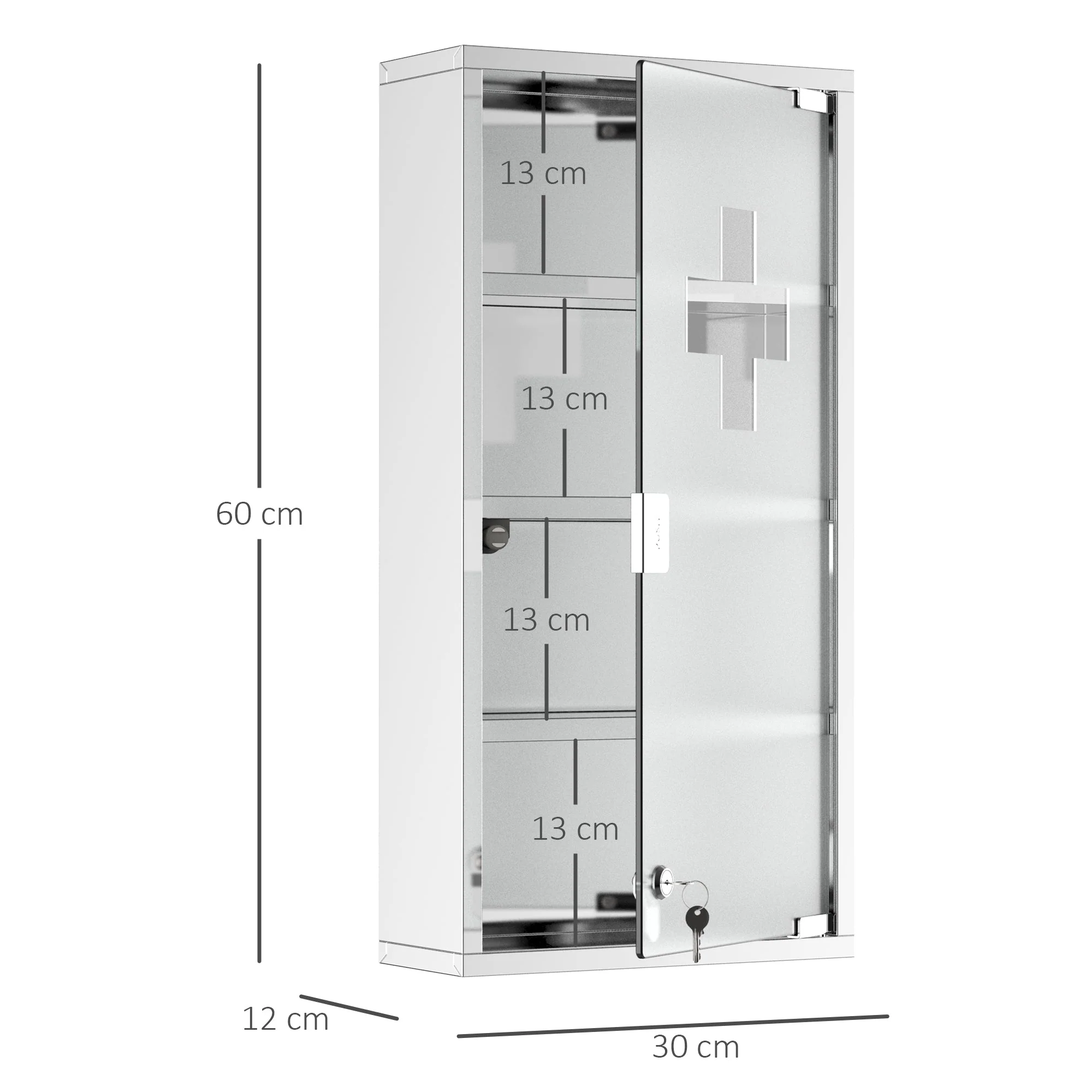 4 Tier Stainless Steel Wall Mounted Medicine Cabinet Glass Lockable Door Storage Shelves Houseware Bathroom Furniture 60Hx30Wx12Dcm w/2 Keys - Image 3