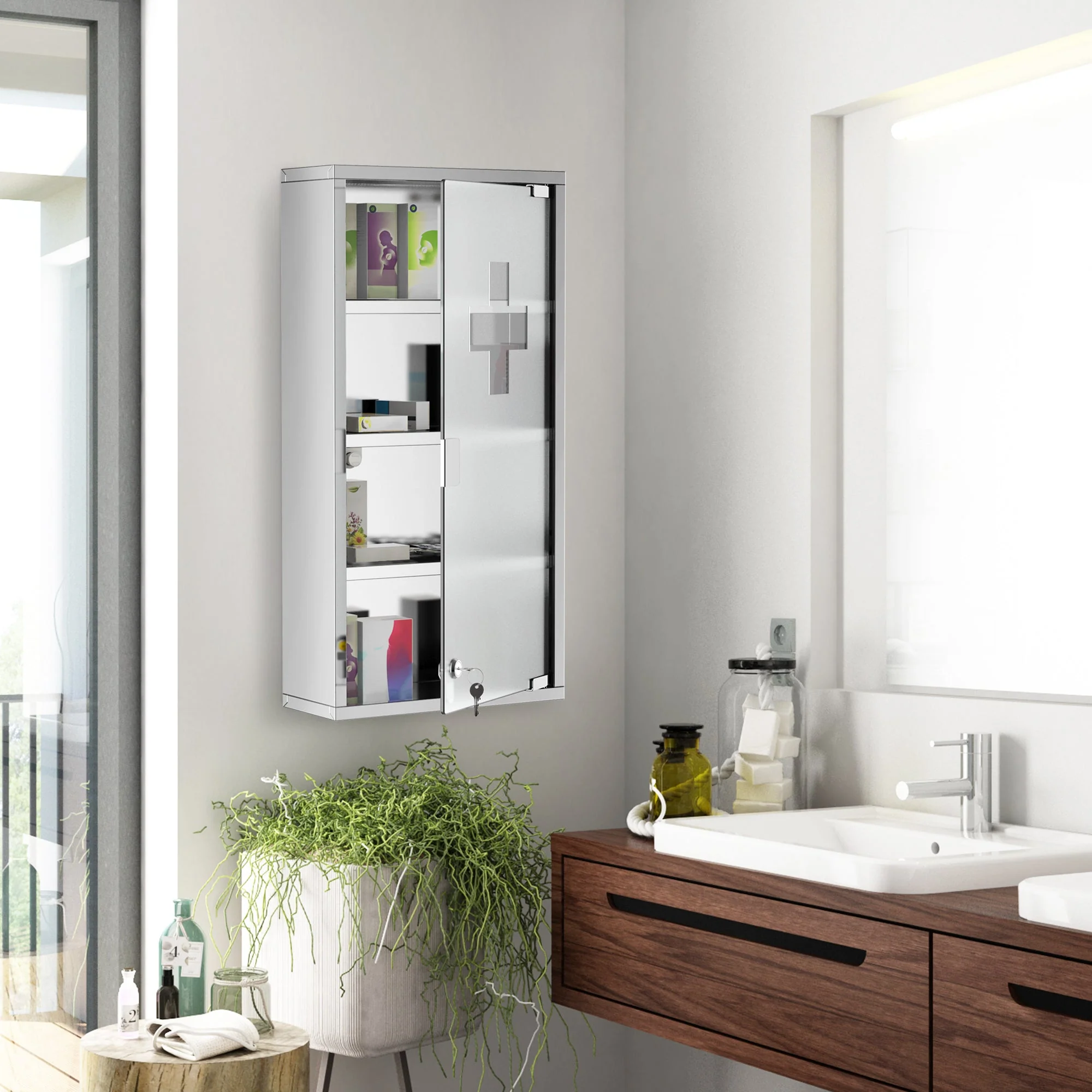 4 Tier Stainless Steel Wall Mounted Medicine Cabinet Glass Lockable Door Storage Shelves Houseware Bathroom Furniture 60Hx30Wx12Dcm w/2 Keys - Image 9