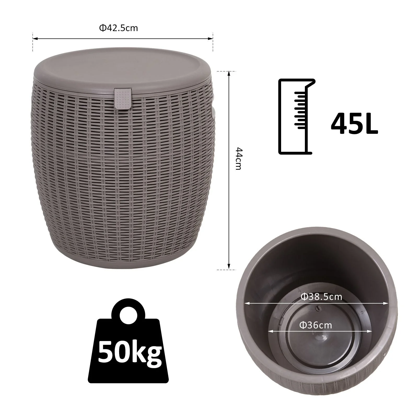 45L Outdoor Rattan-Effect Lift-Top Ice Cooler Table Grey - Image 2