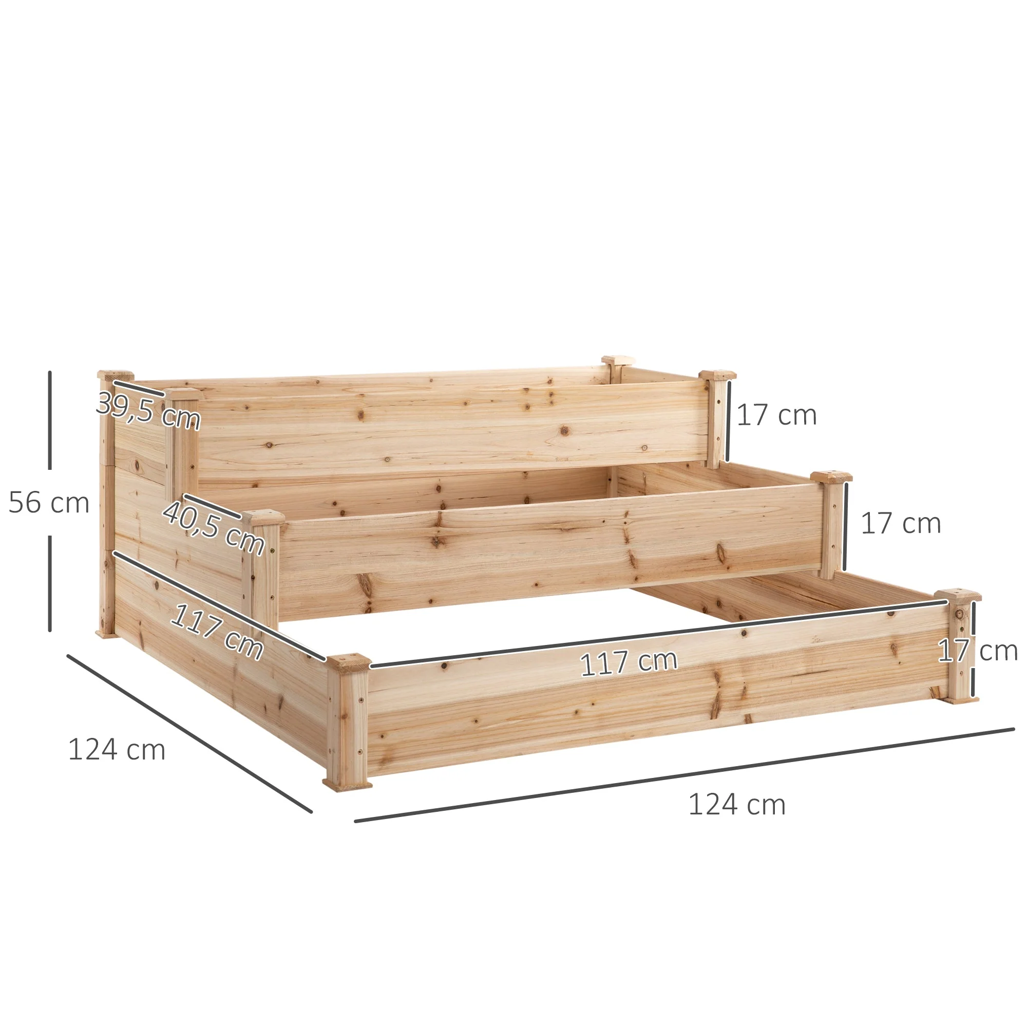 470L Wooden Raised Garden Bed 3-Tier Planter Kit Elevated Planter Box Stand for Yard & Patio 124 x 124 x 56 cm - Image 3