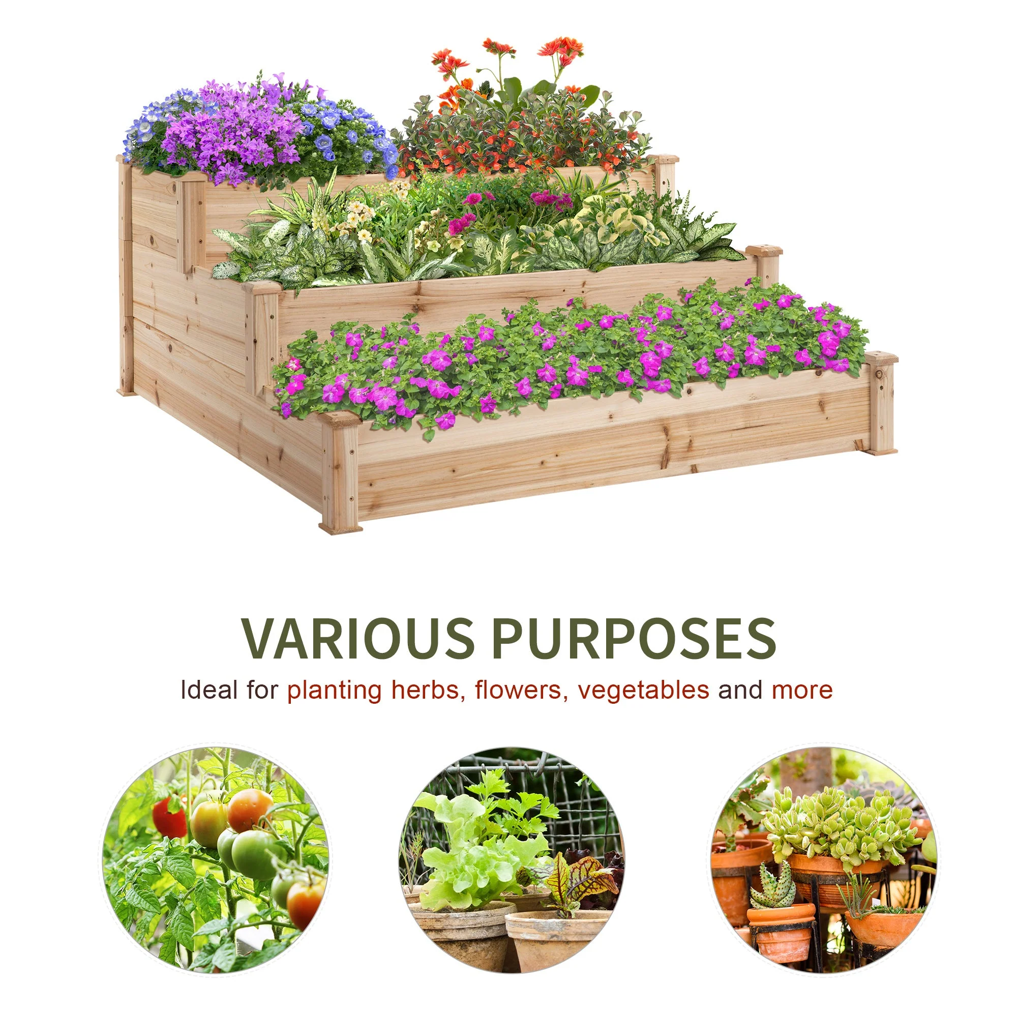 470L Wooden Raised Garden Bed 3-Tier Planter Kit Elevated Planter Box Stand for Yard & Patio 124 x 124 x 56 cm - Image 5