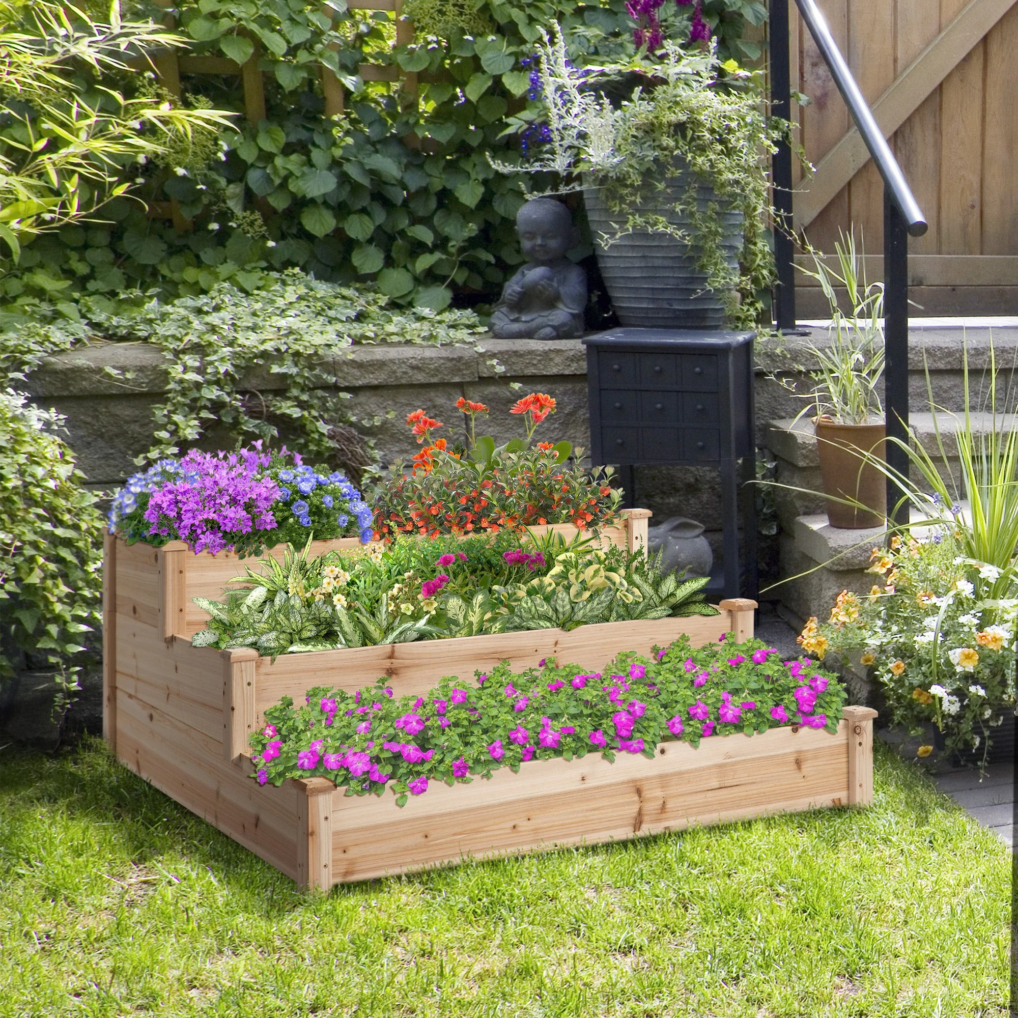 470L Wooden Raised Garden Bed 3-Tier Planter Kit Elevated Planter Box Stand for Yard & Patio 124 x 124 x 56 cm - Image 9