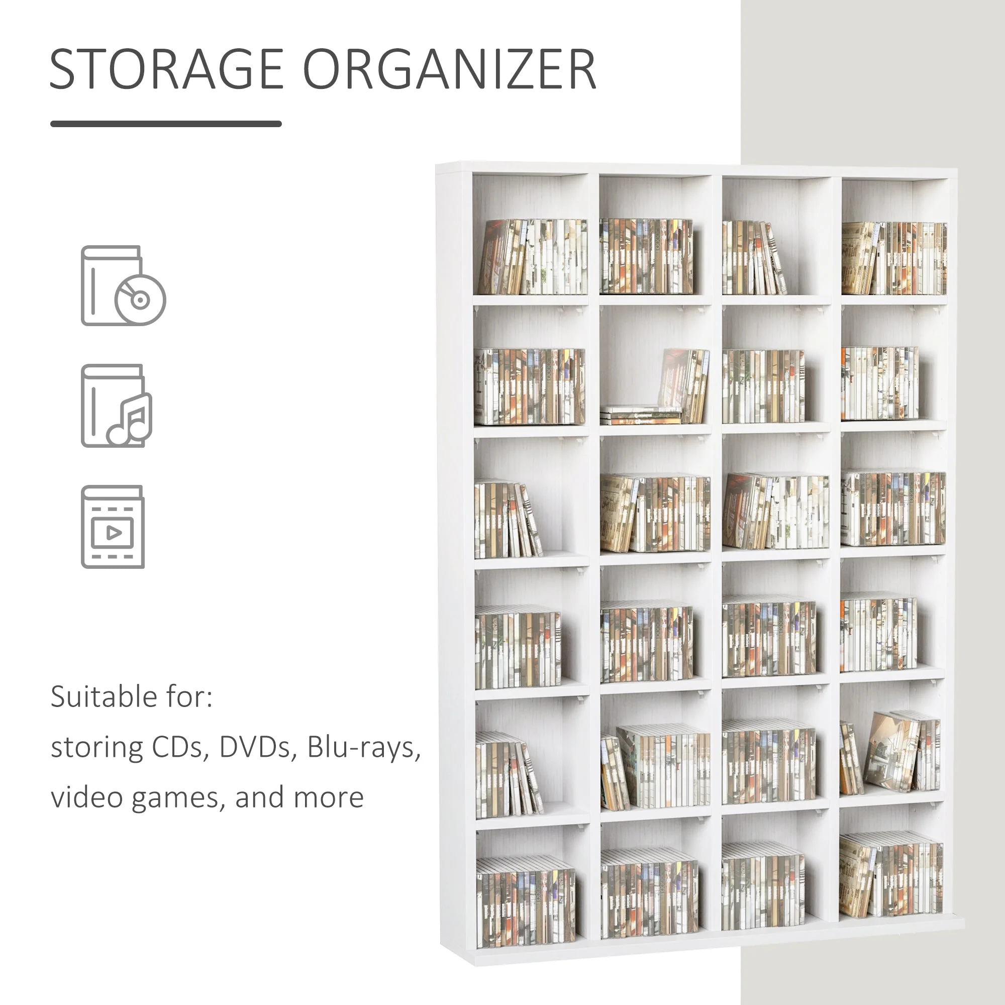 480 CD / 312 DVD Storage Shelf Rack Media Storage Unit Shelves Racks Wooden Bookcase Display Unit with 4 Adjustable Shelves White - Image 4