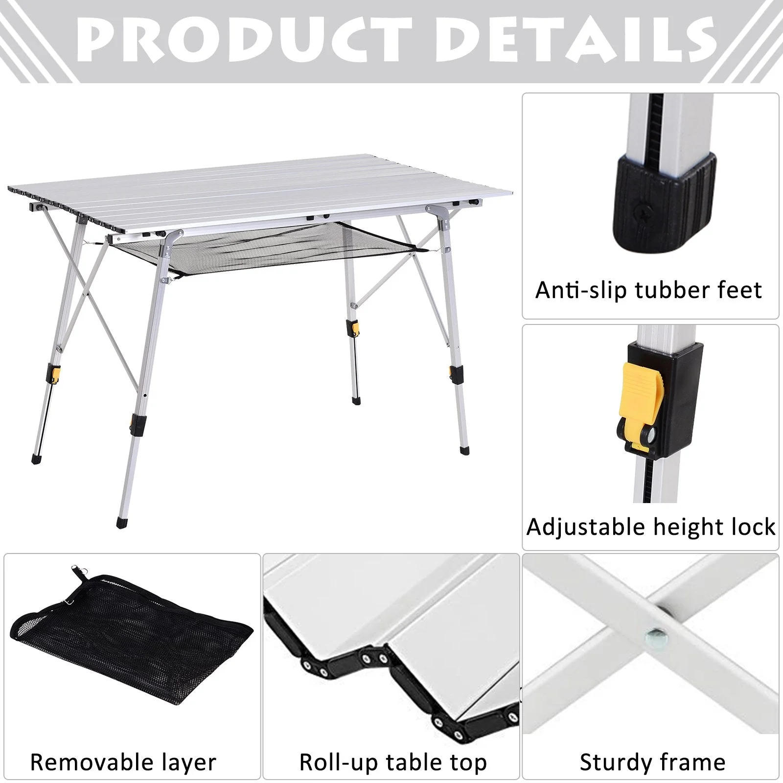 4FT Folding Aluminium Picnic Table Portable Camping BBQ Table Roll Up Top Mesh Layer Rack with Carrying Bag - Image 4