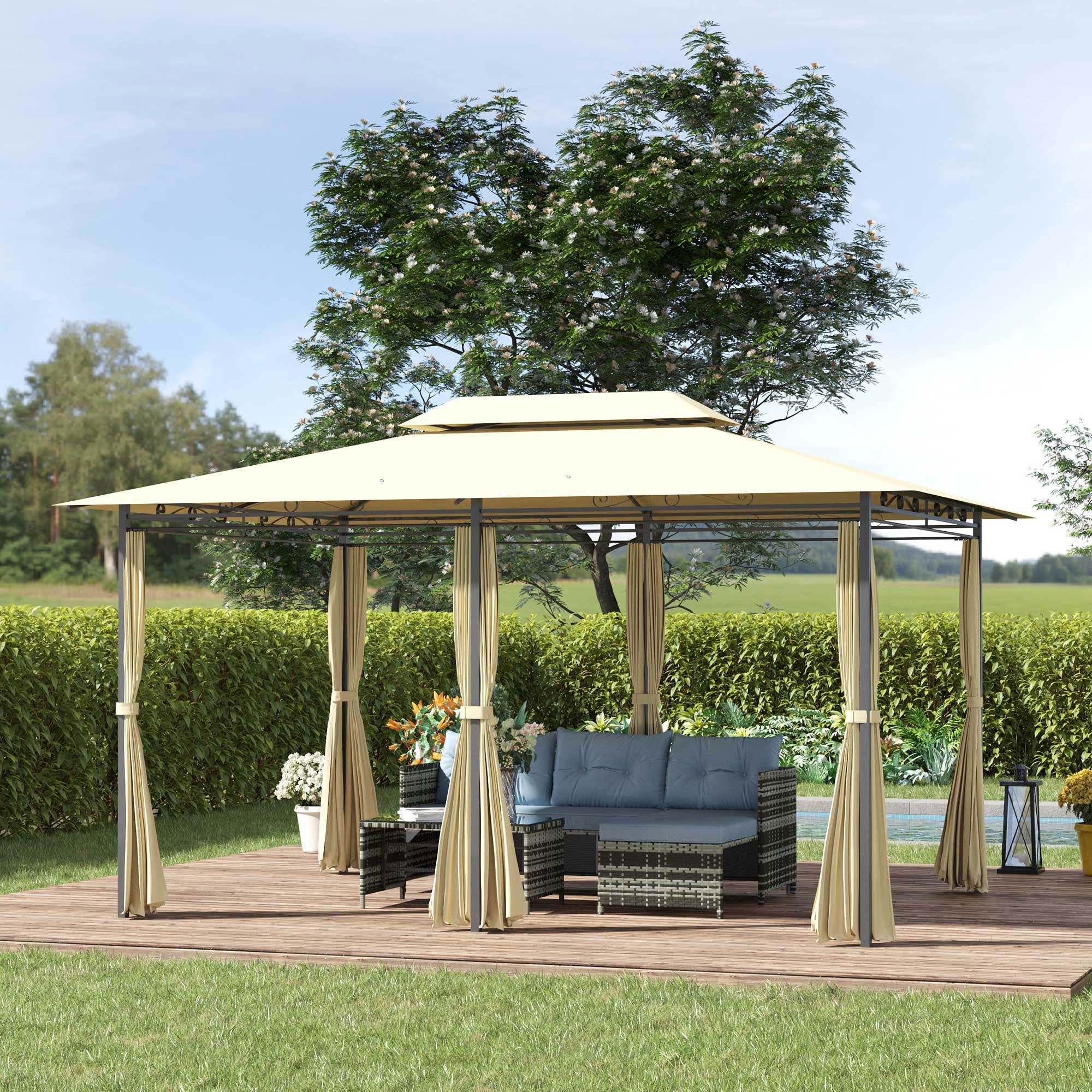 4m x 3M Metal Gazebo Canopy Party Tent Garden Pavillion Patio Shelter Pavilion with Curtains Sidewalls Beige - Image 2