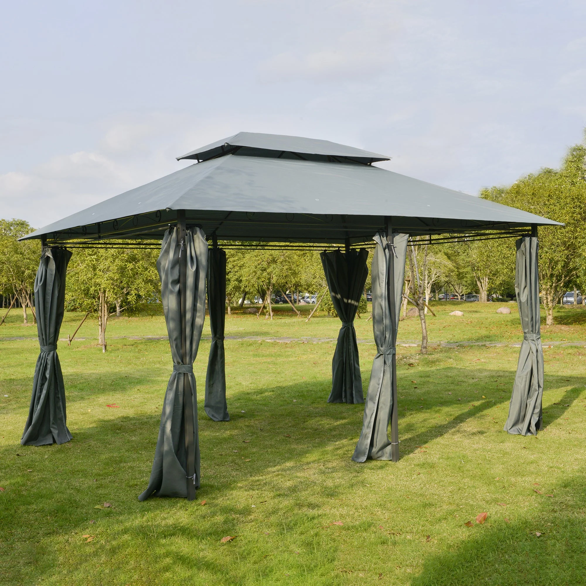 4m x 3M Steel Gazebo Canopy Party Tent Garden Pavillion Patio Shelter Pavilion with Curtains Sidewalls Grey - Image 2