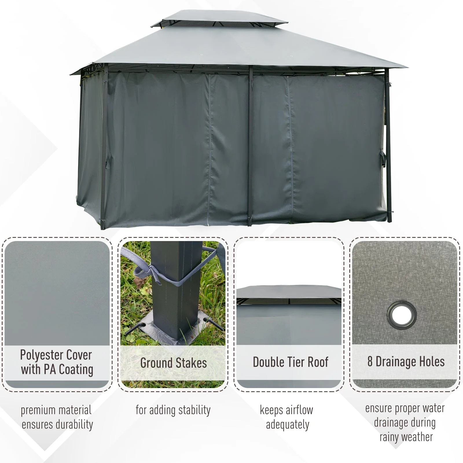 4m x 3M Steel Gazebo Canopy Party Tent Garden Pavillion Patio Shelter Pavilion with Curtains Sidewalls Grey - Image 4