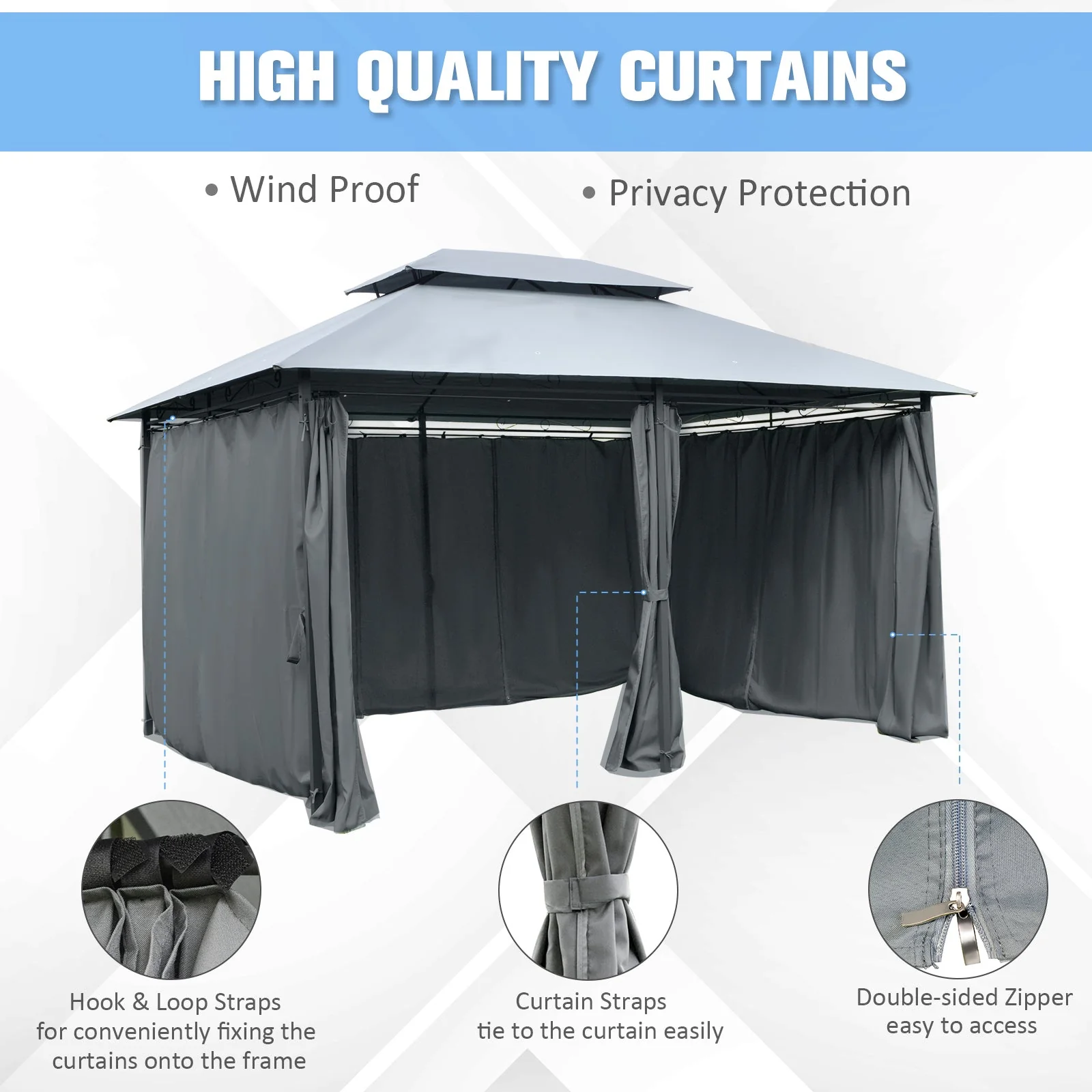 4m x 3M Steel Gazebo Canopy Party Tent Garden Pavillion Patio Shelter Pavilion with Curtains Sidewalls Grey - Image 5