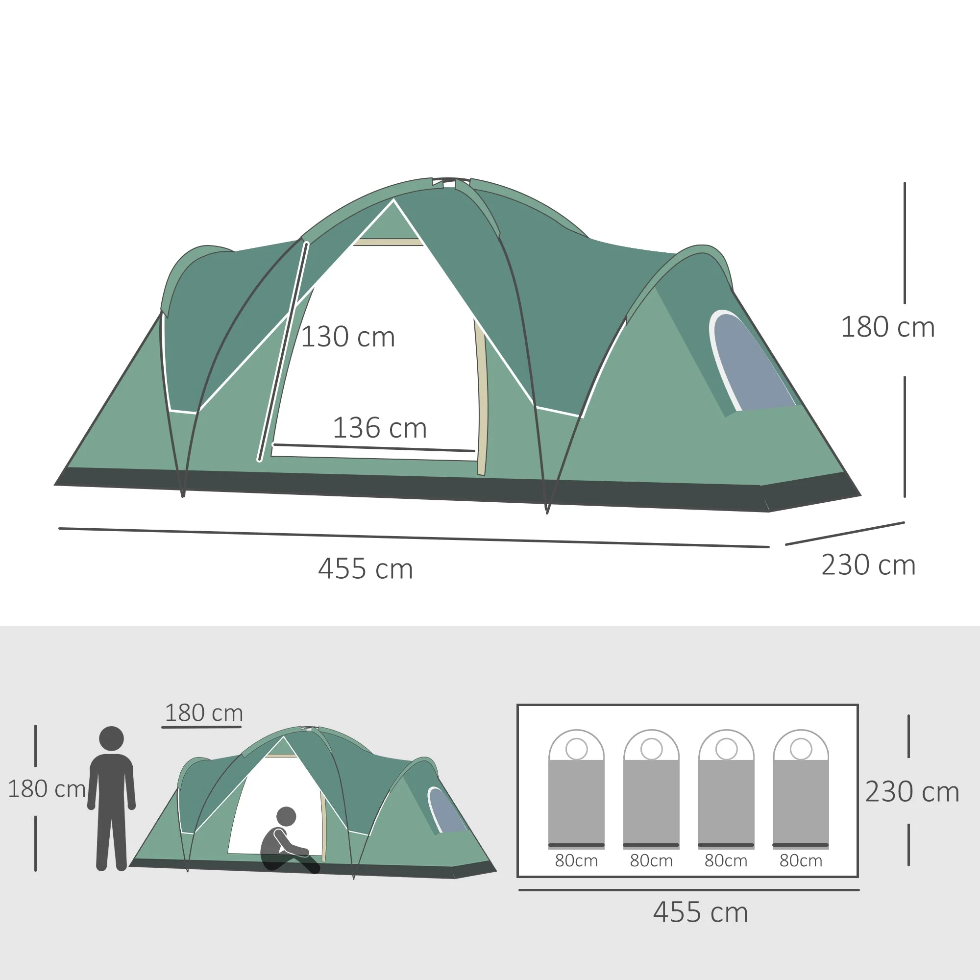 5-6 Man Dome Camping Tent Hiking Shelter UV Protection 3000mm Water Resistant Tunnel Tent - Dark Green - Image 3
