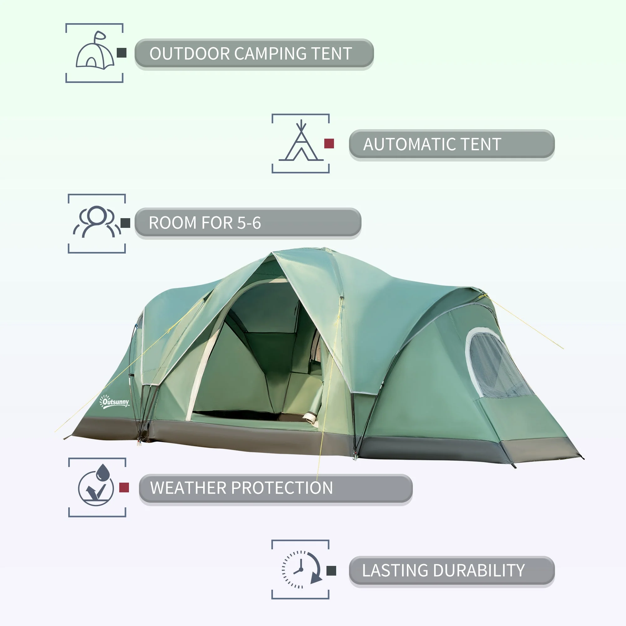 5-6 Man Dome Camping Tent Hiking Shelter UV Protection 3000mm Water Resistant Tunnel Tent - Dark Green - Image 4