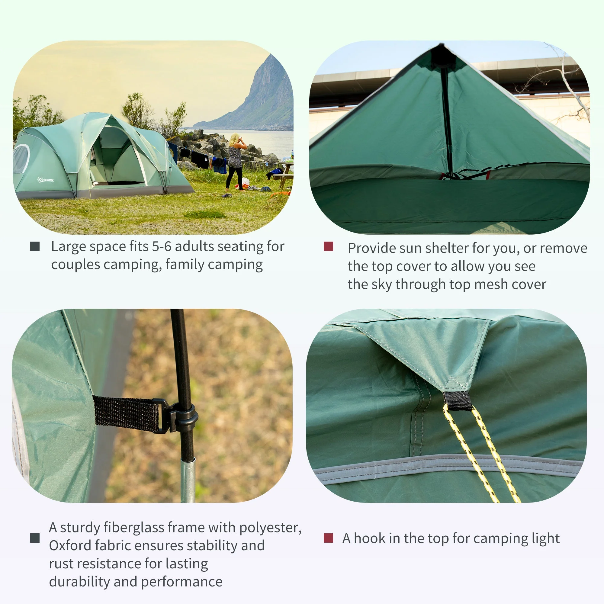 5-6 Man Dome Camping Tent Hiking Shelter UV Protection 3000mm Water Resistant Tunnel Tent - Dark Green - Image 5