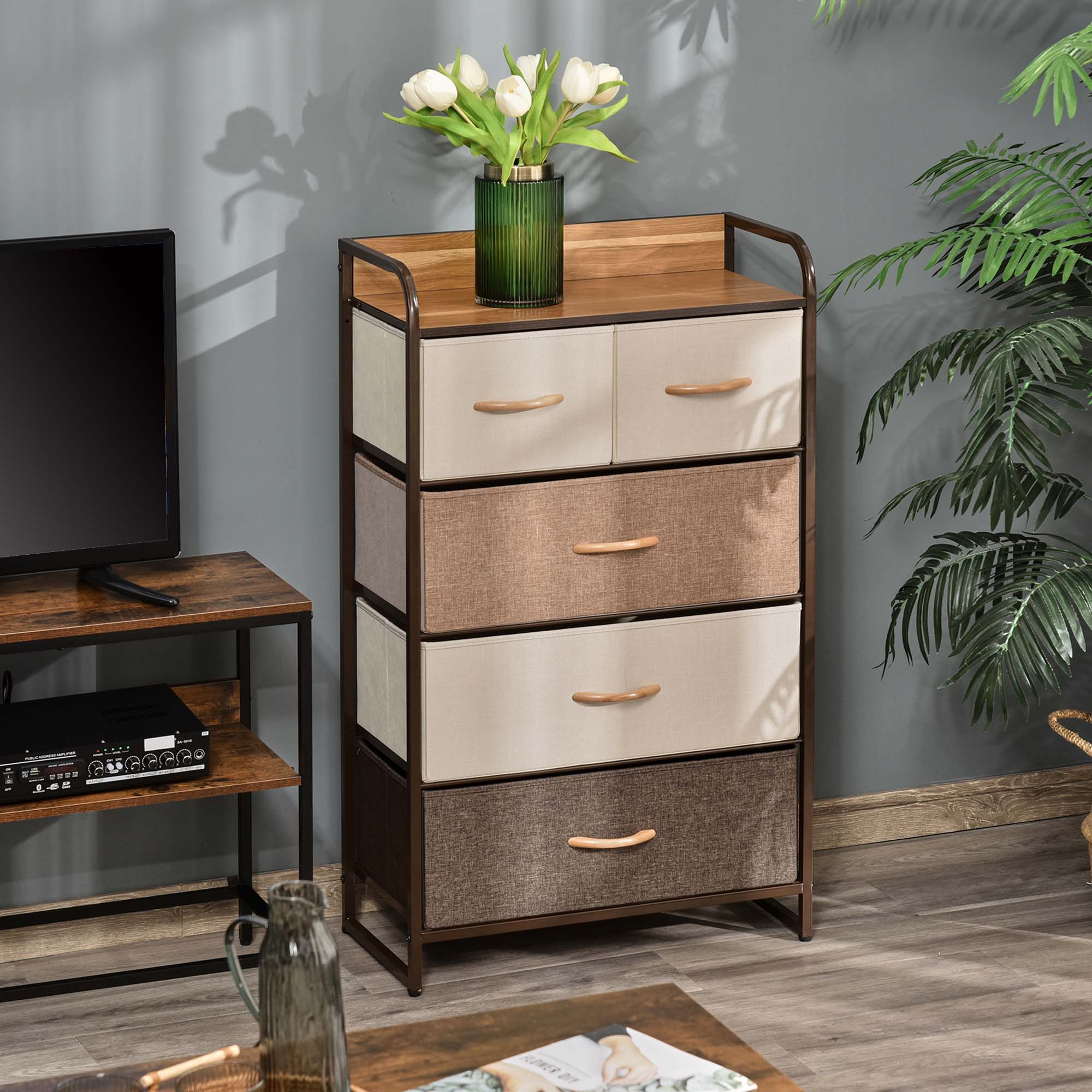 5-Drawer Dresser Tower Fabric Chest of Drawers with Steel Frame Wooden Top - Image 2