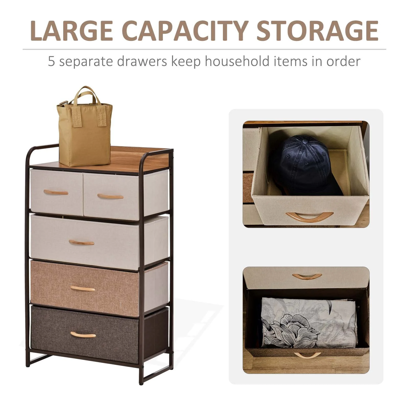 5-Drawer Dresser Tower Fabric Chest of Drawers with Steel Frame Wooden Top - Image 5
