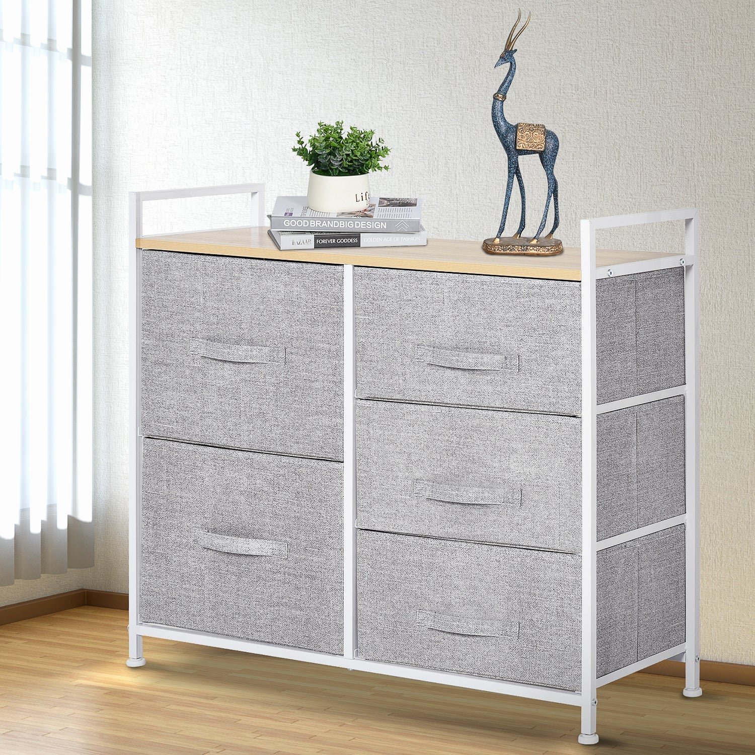 5 Drawer Linen Basket Storage Unit Home Organisation w/ Shelf Handles Metal Frame Adjustable Feet Hallway Home Dresser Grey - Image 2