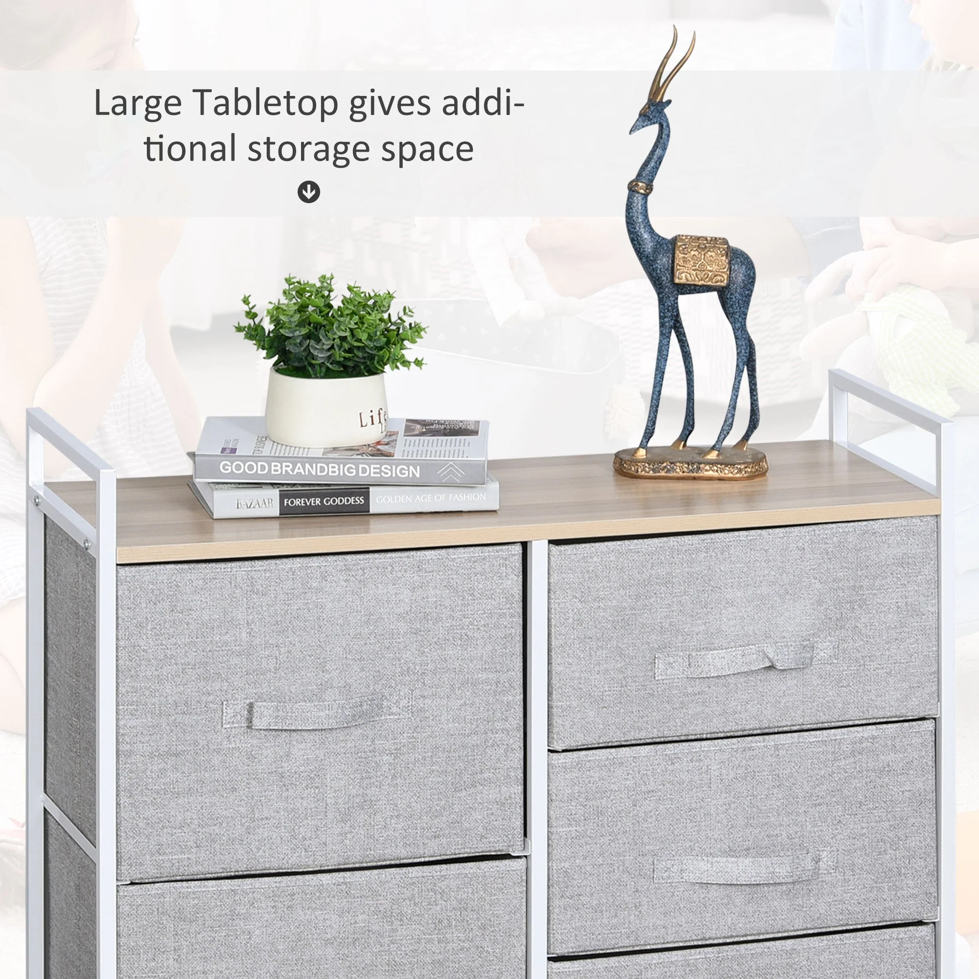 5 Drawer Linen Basket Storage Unit Home Organisation w/ Shelf Handles Metal Frame Adjustable Feet Hallway Home Dresser Grey - Image 4