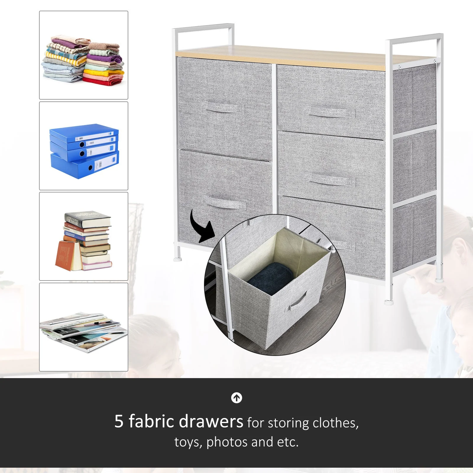 5 Drawer Linen Basket Storage Unit Home Organisation w/ Shelf Handles Metal Frame Adjustable Feet Hallway Home Dresser Grey - Image 5
