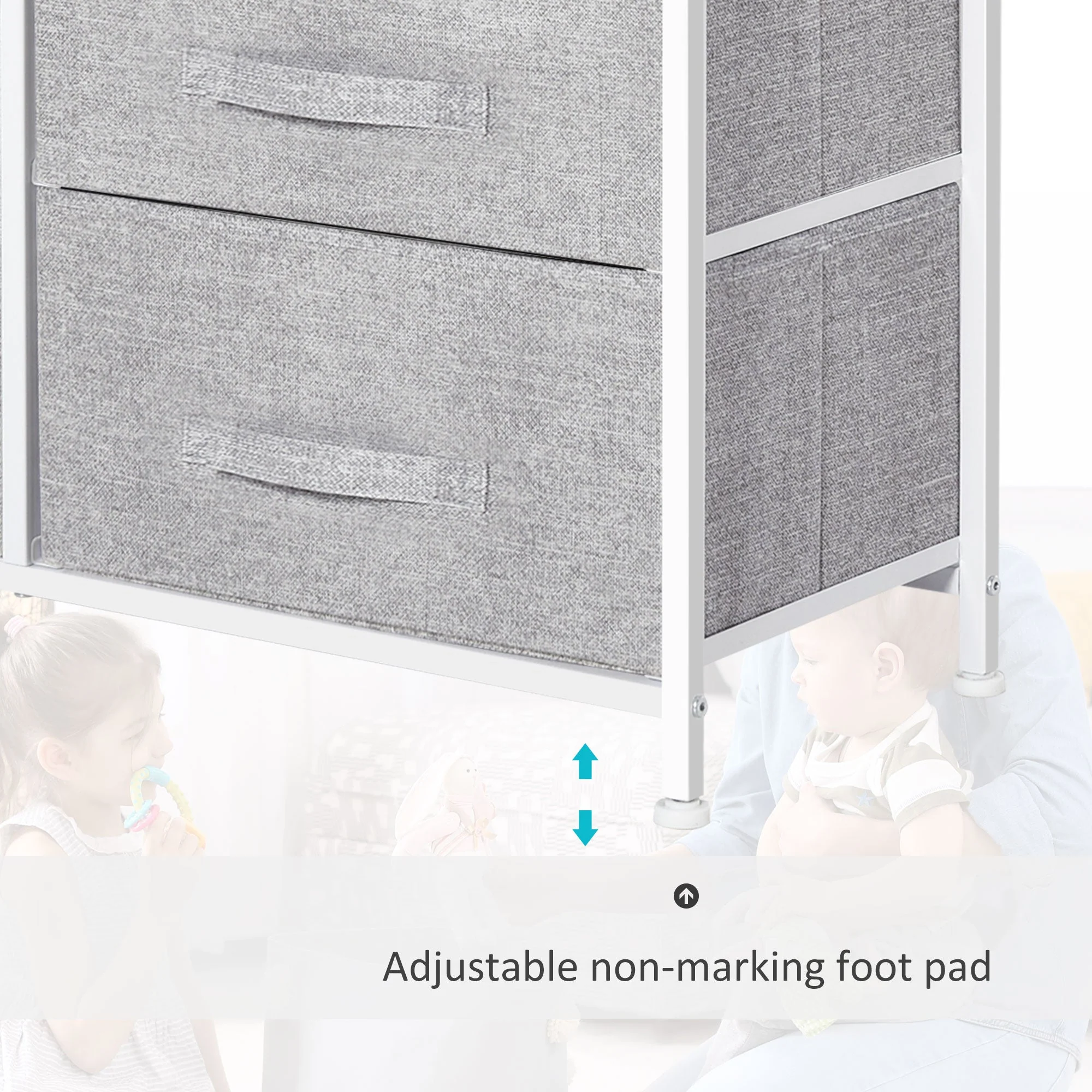 5 Drawer Linen Basket Storage Unit Home Organisation w/ Shelf Handles Metal Frame Adjustable Feet Hallway Home Dresser Grey - Image 6