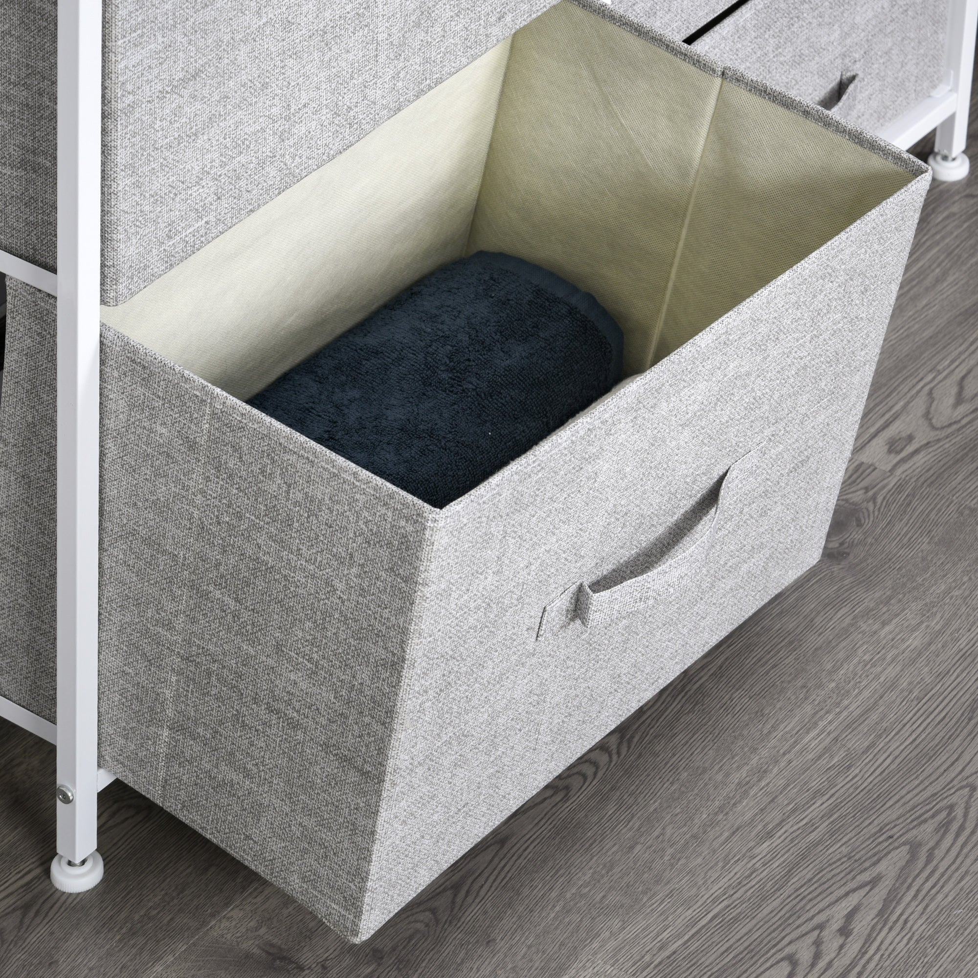 5 Drawer Linen Basket Storage Unit Home Organisation w/ Shelf Handles Metal Frame Adjustable Feet Hallway Home Dresser Grey - Image 7