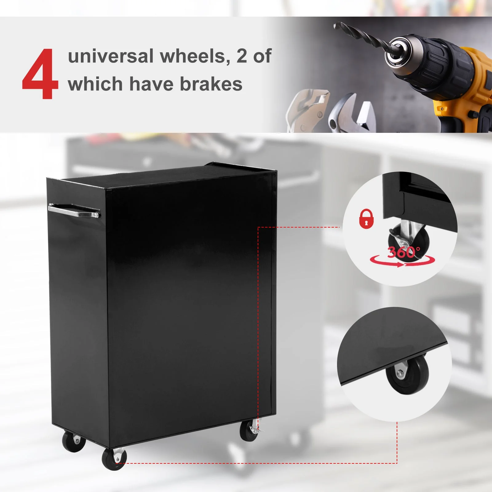 5-Drawer Lockable Steel Tool Storage Cabinet w/ Wheels Handle 2 Keys Organisation Box Unit Chest Garage DIY Workshop Trolley Black - Image 3