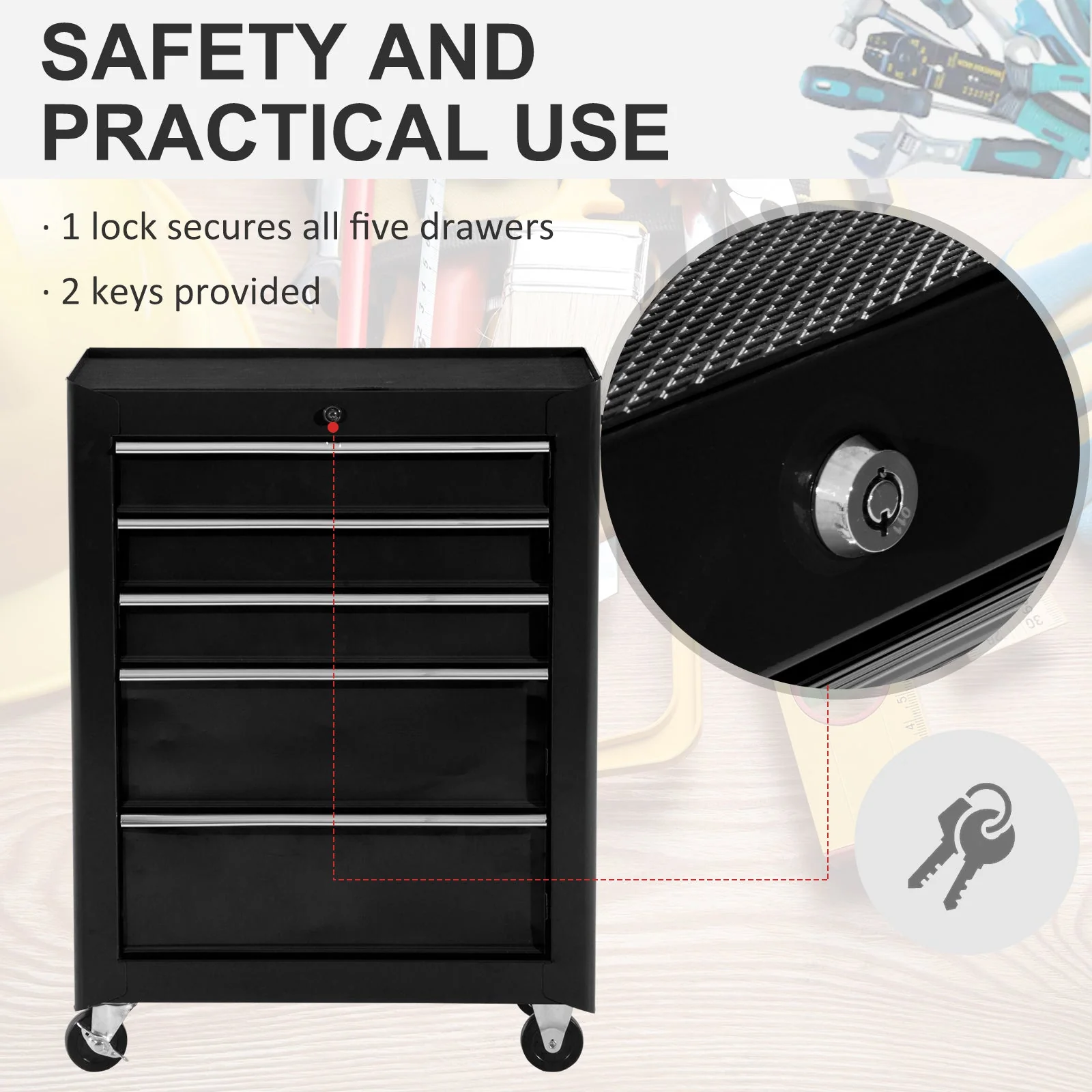 5-Drawer Lockable Steel Tool Storage Cabinet w/ Wheels Handle 2 Keys Organisation Box Unit Chest Garage DIY Workshop Trolley Black - Image 5