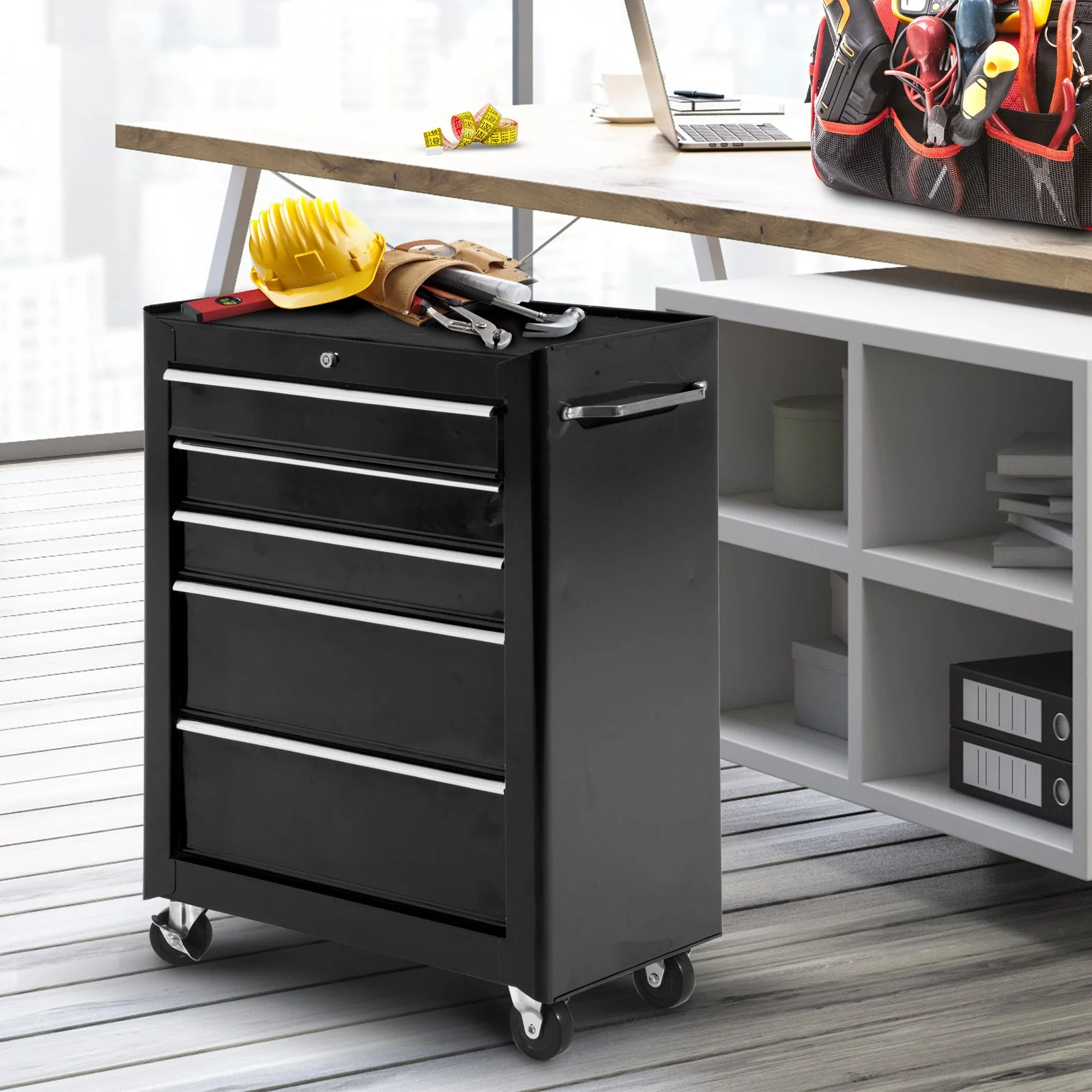 5-Drawer Lockable Steel Tool Storage Cabinet w/ Wheels Handle 2 Keys Organisation Box Unit Chest Garage DIY Workshop Trolley Black - Image 7