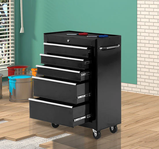 5-Drawer Lockable Steel Tool Storage Cabinet w/ Wheels Handle 2 Keys Organisation Box Unit Chest Garage DIY Workshop Trolley Black - Image 8
