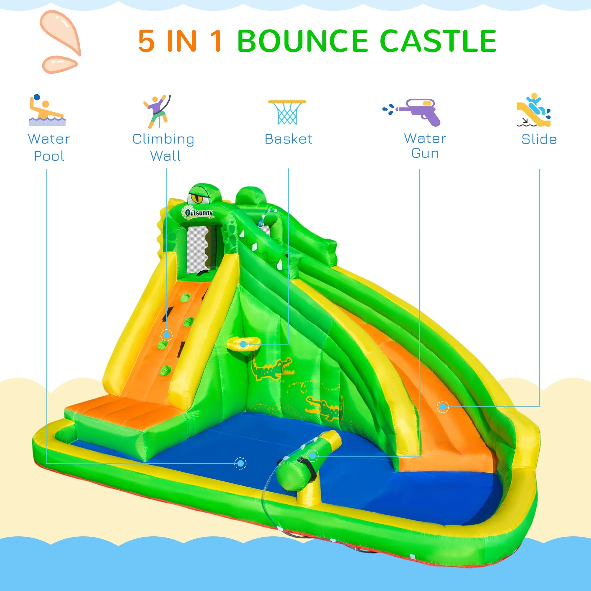 5 in 1 Kids Bouncy Castle Large Crocodile Style Inflatable House Slide Basket Water Pool Gun Climbing Wall with Blower Carrybag for Kids Age 3-8 - Image 4