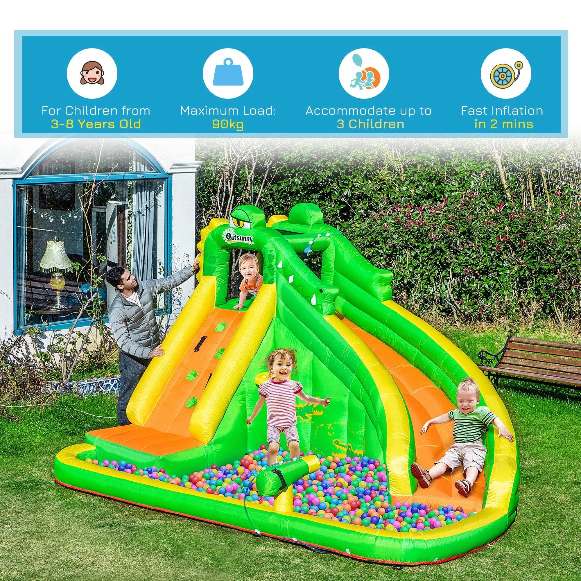5 in 1 Kids Bouncy Castle Large Crocodile Style Inflatable House Slide Basket Water Pool Gun Climbing Wall with Blower Carrybag for Kids Age 3-8 - Image 6