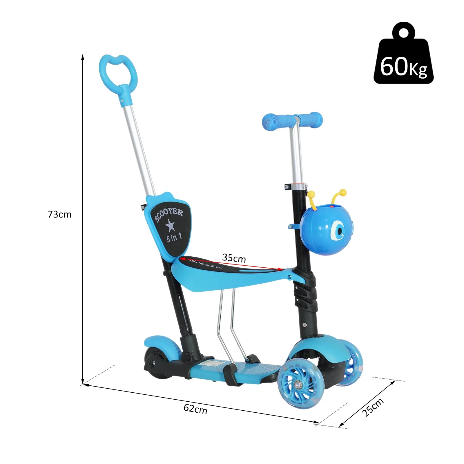 5-in-1 Kids Kick Scooter W/Removable Seat-Blue - Image 3