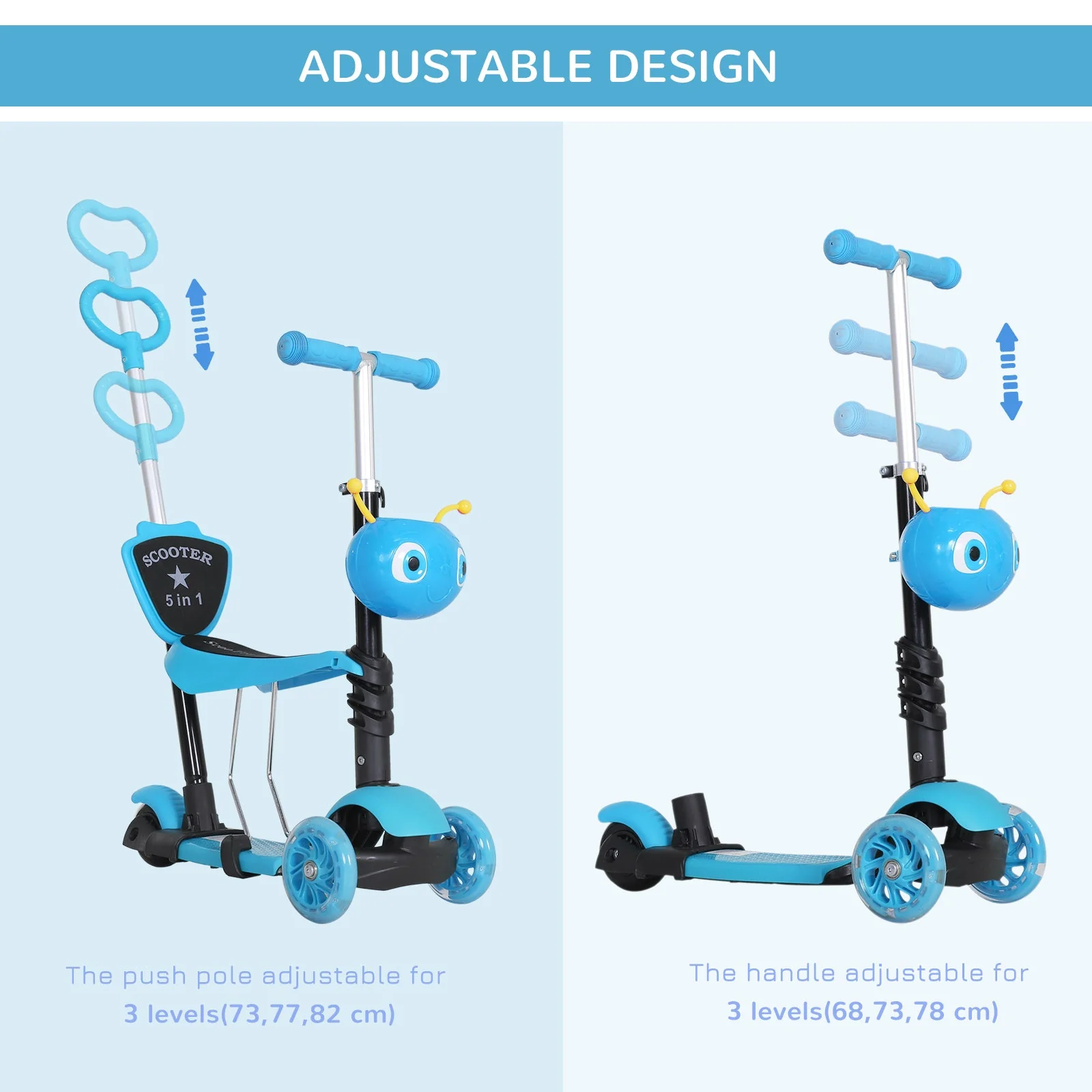 5-in-1 Kids Kick Scooter W/Removable Seat-Blue - Image 5