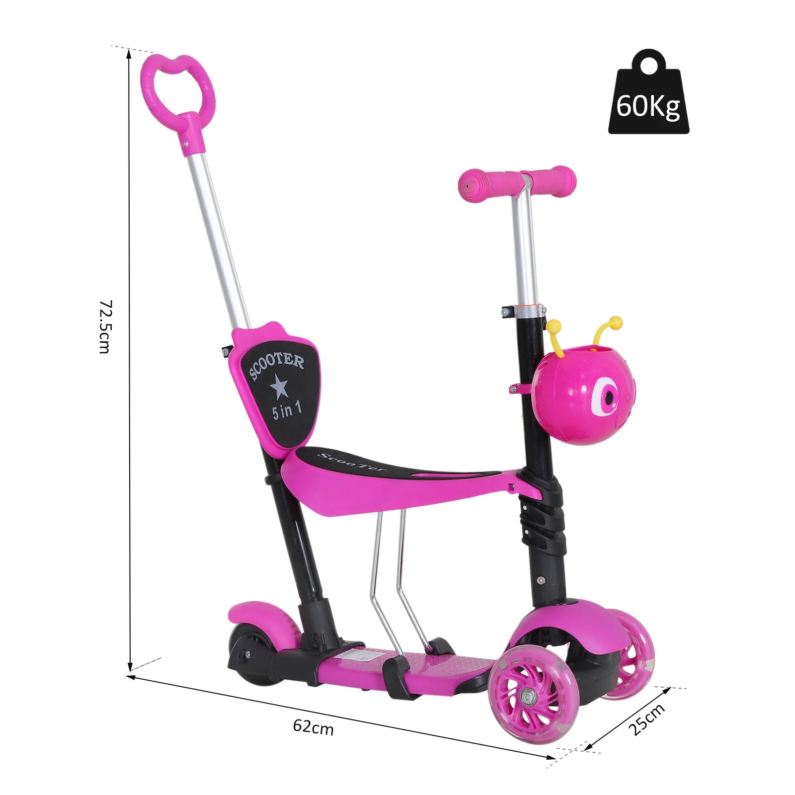 5-in-1 Kids Kick Scooter W/Removable Seat-Pink - Image 2