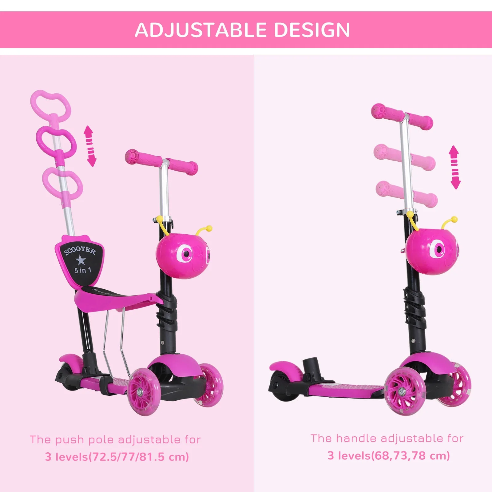 5-in-1 Kids Kick Scooter W/Removable Seat-Pink - Image 4