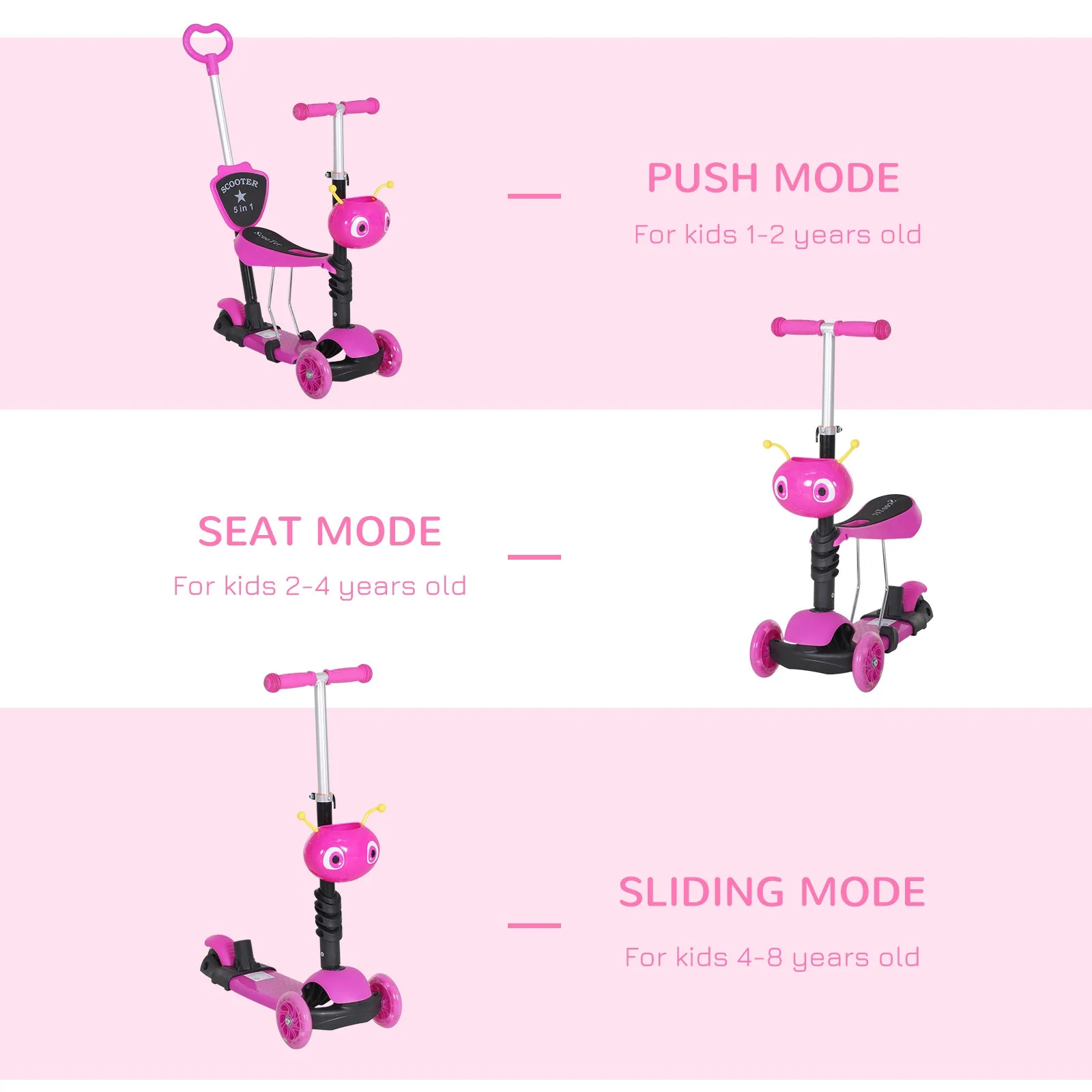 5-in-1 Kids Kick Scooter W/Removable Seat-Pink - Image 5