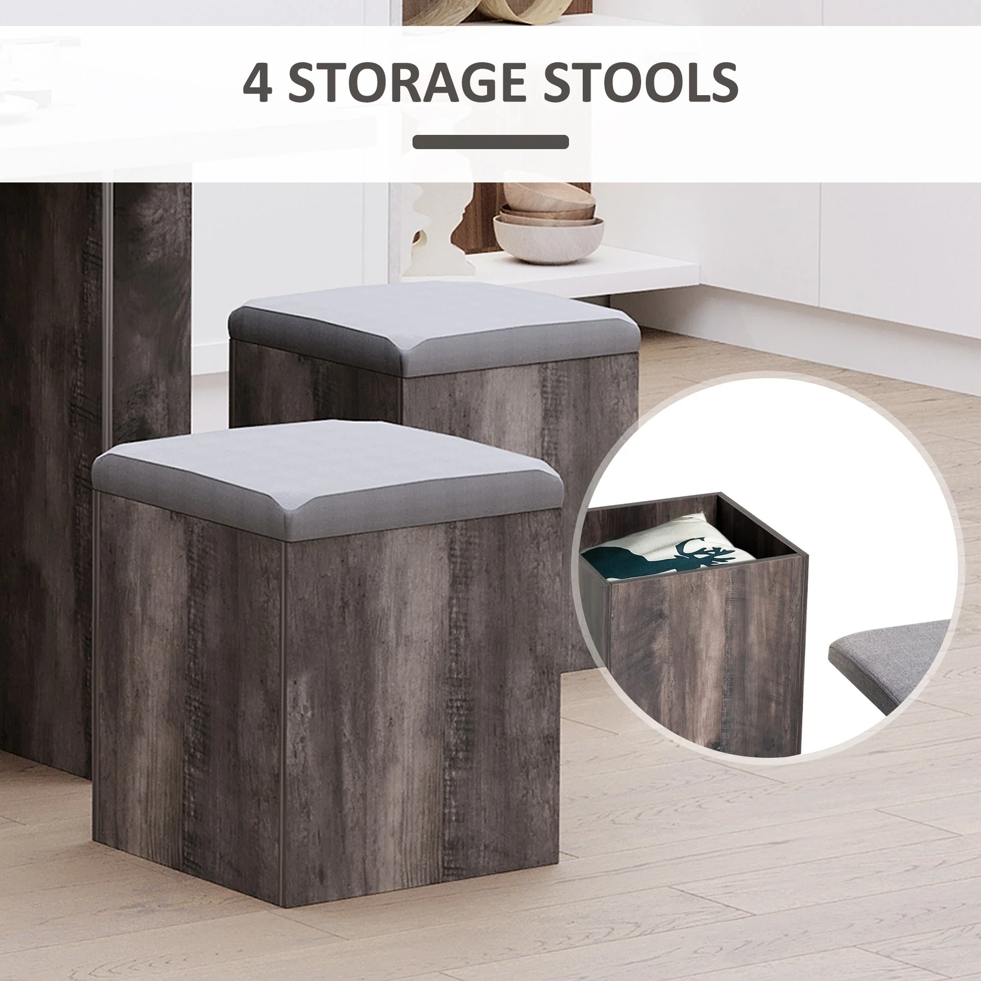 5-Piece Dining Set Garden Patio Wooden Set 4 Storage Stools Footrest Ottoman with Cushions + 1 Table Space Saving Design Indoor Outdoor - Image 4