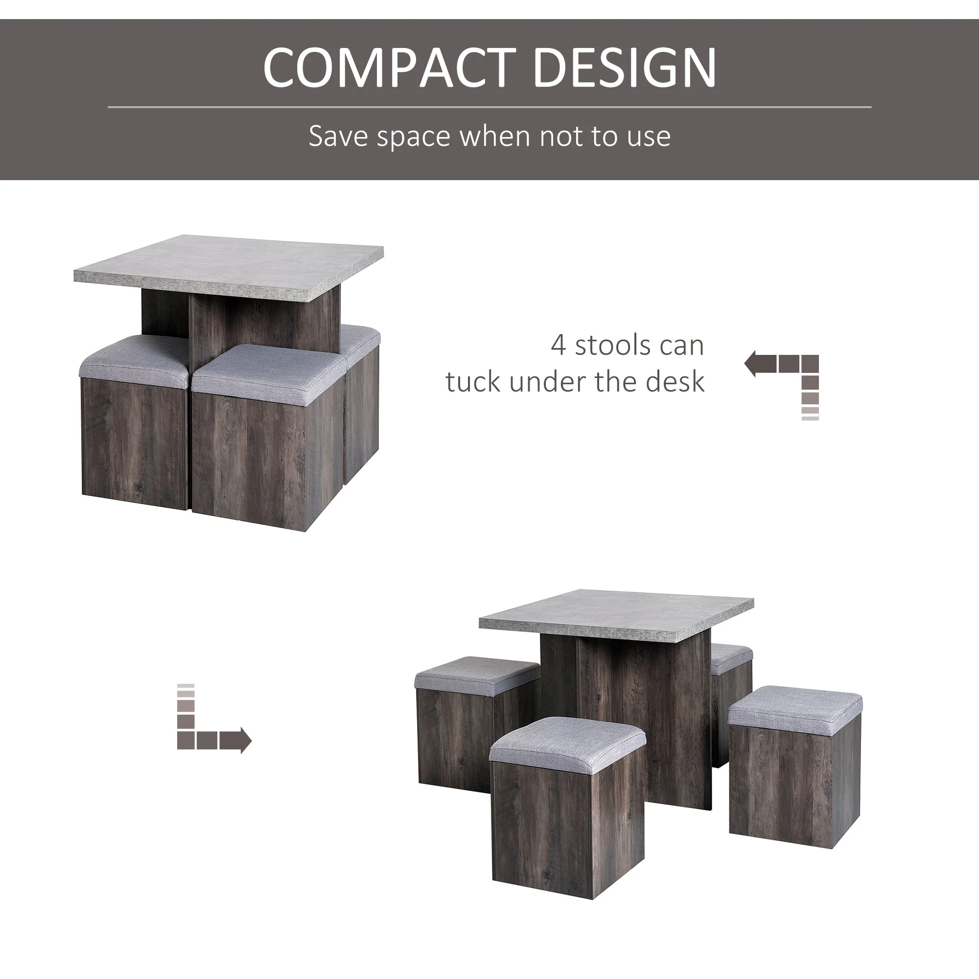 5-Piece Dining Set Garden Patio Wooden Set 4 Storage Stools Footrest Ottoman with Cushions + 1 Table Space Saving Design Indoor Outdoor - Image 6