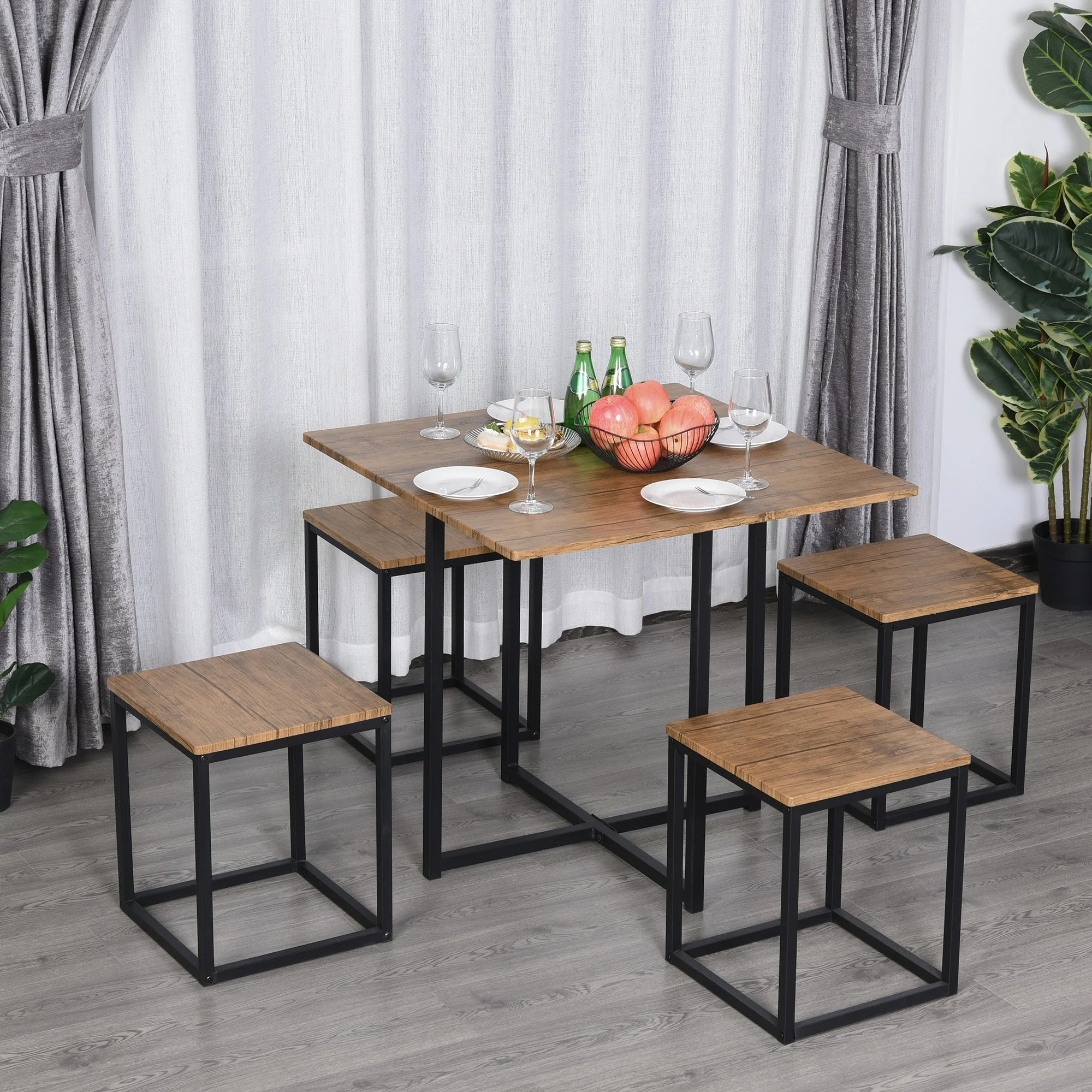5-Piece Industrial Table & Stool Set w/ Metal Frame Home Dining Stylish Square Compact Seating Chair Beautiful Cool Black Brown - Image 2