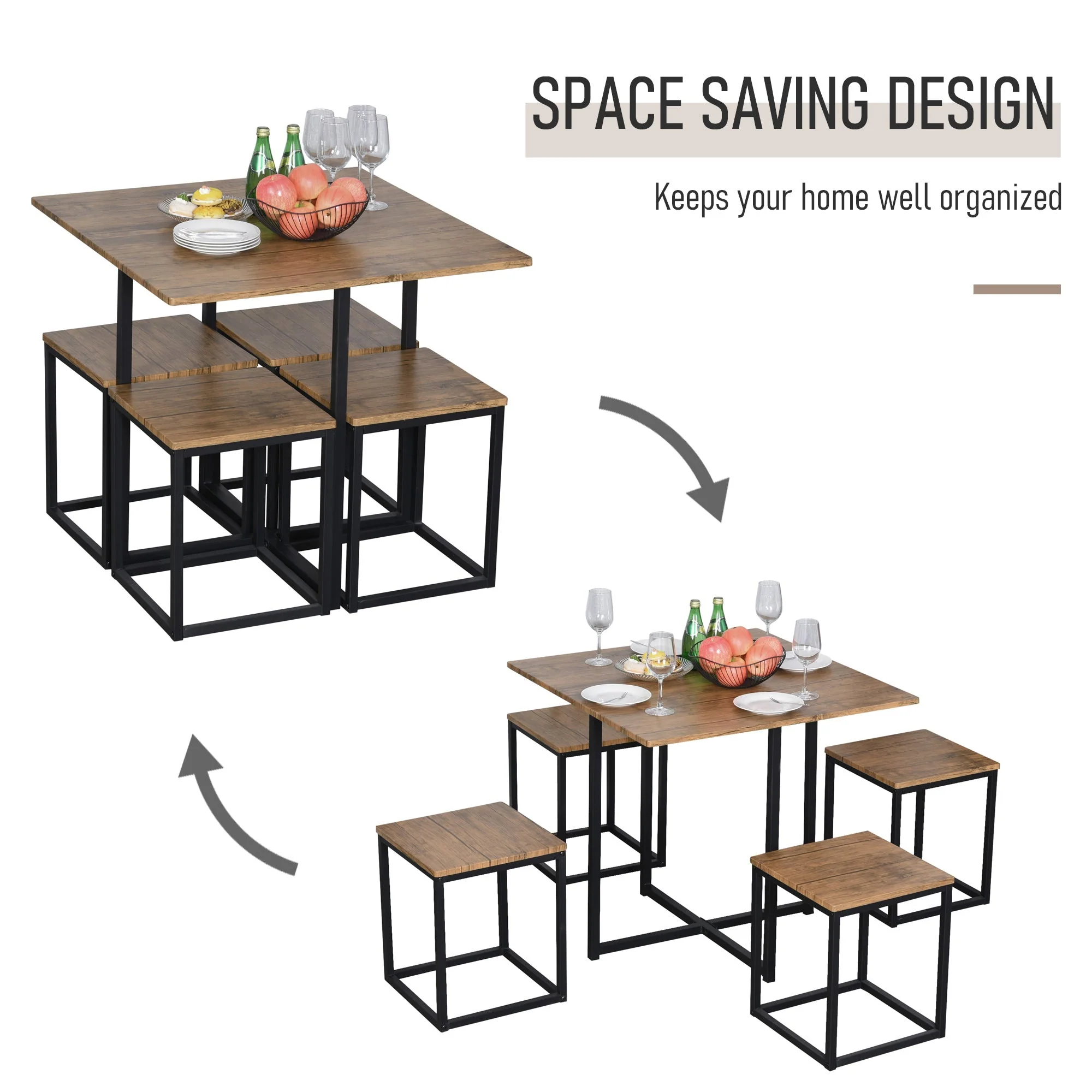 5-Piece Industrial Table & Stool Set w/ Metal Frame Home Dining Stylish Square Compact Seating Chair Beautiful Cool Black Brown - Image 4