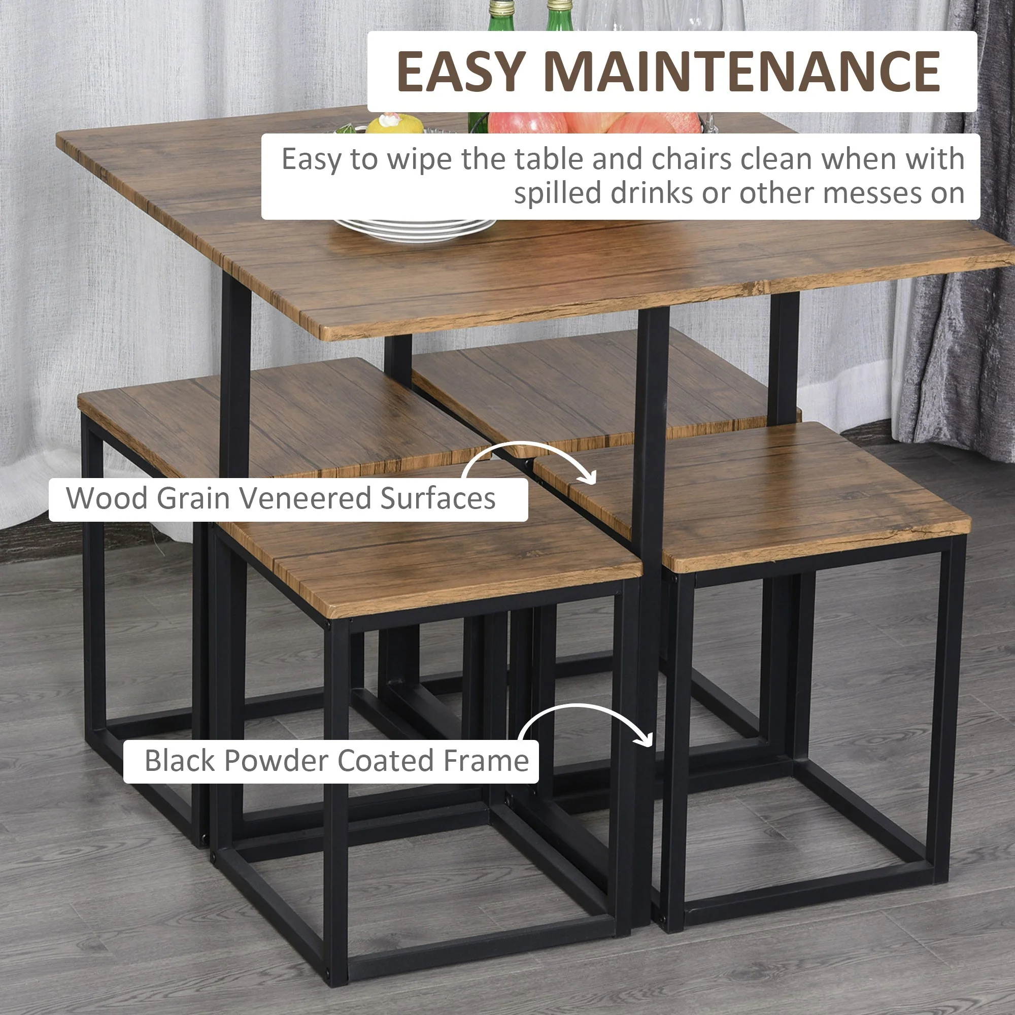 5-Piece Industrial Table & Stool Set w/ Metal Frame Home Dining Stylish Square Compact Seating Chair Beautiful Cool Black Brown - Image 5